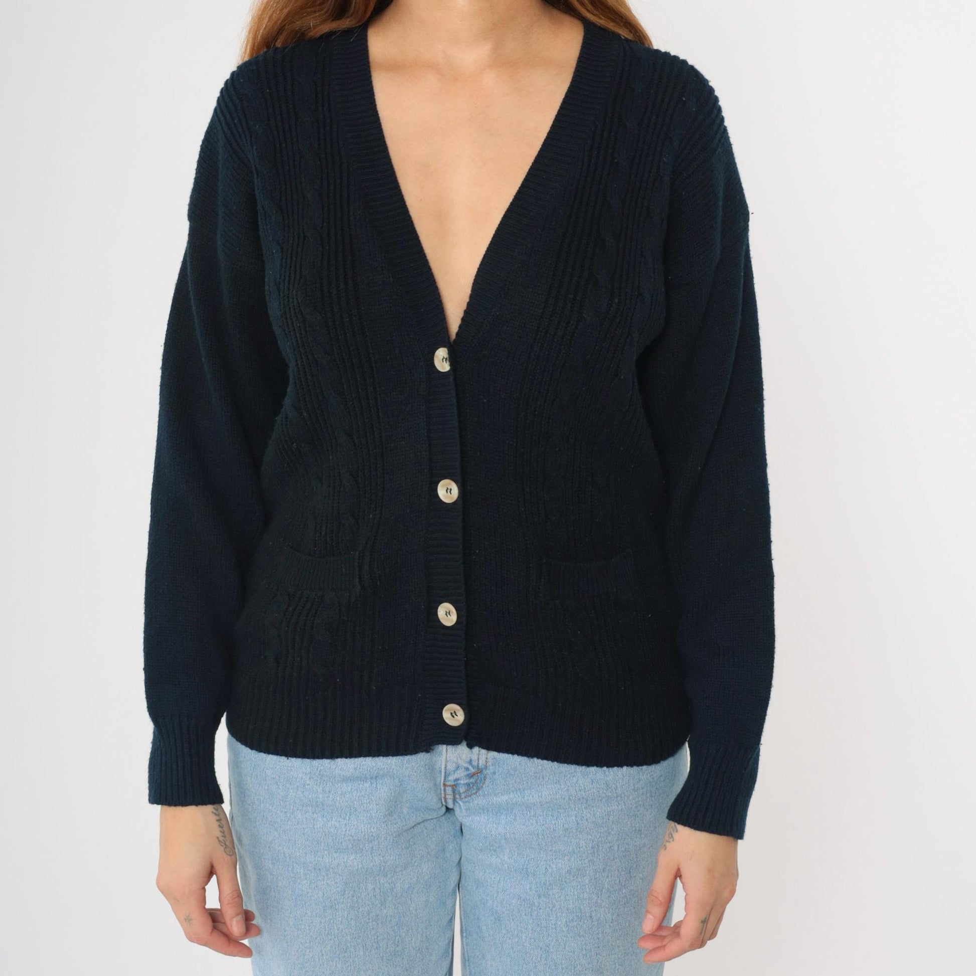 90s Navy Cable Knit Cardigan Button-Up V-Neck Sweater Small S