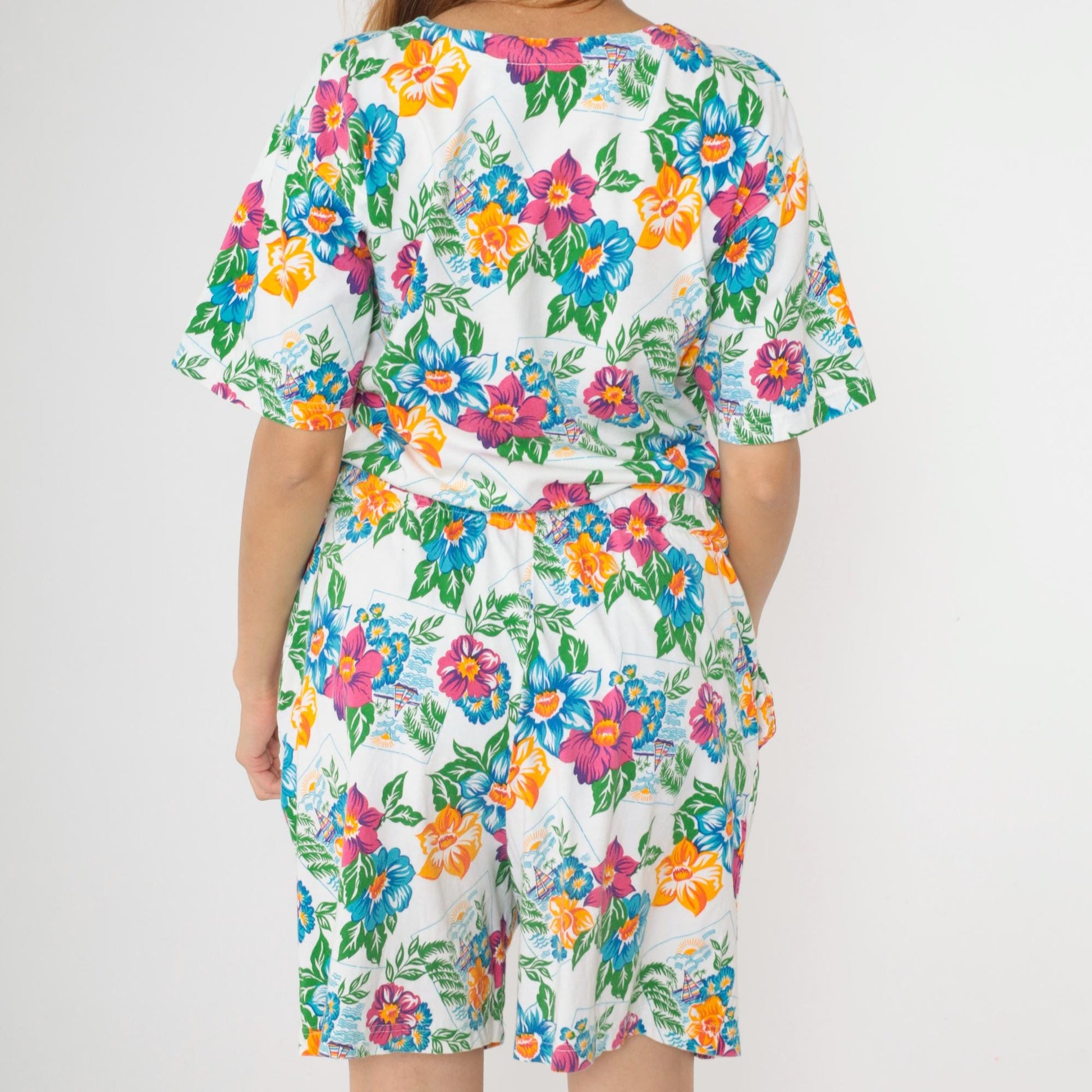 90s Tropical Floral Sailboat Romper White Cotton Button-Up Medium M
