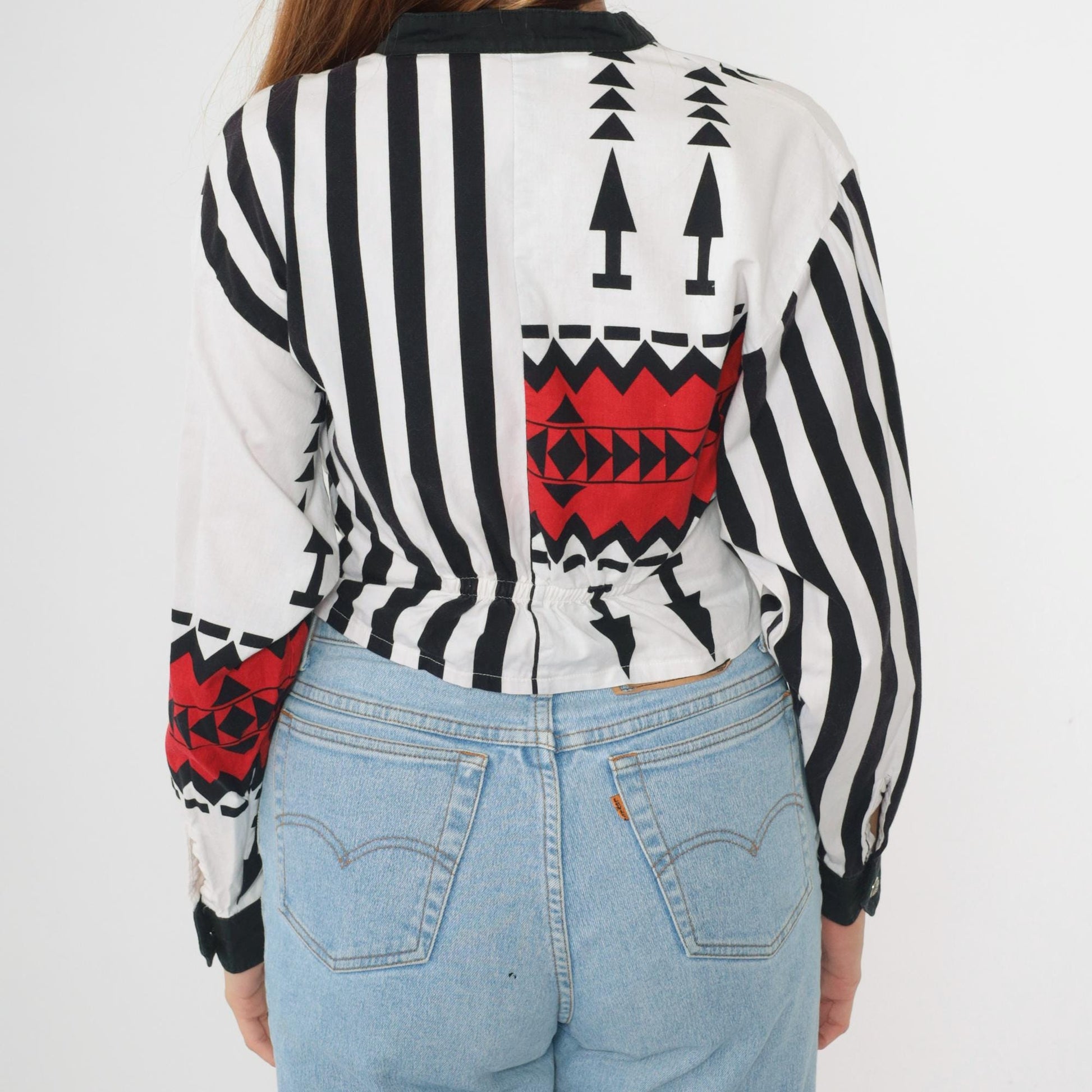 90s Mo Betta Western Crop Top Long Sleeve Button Up Red White Black Striped Medium