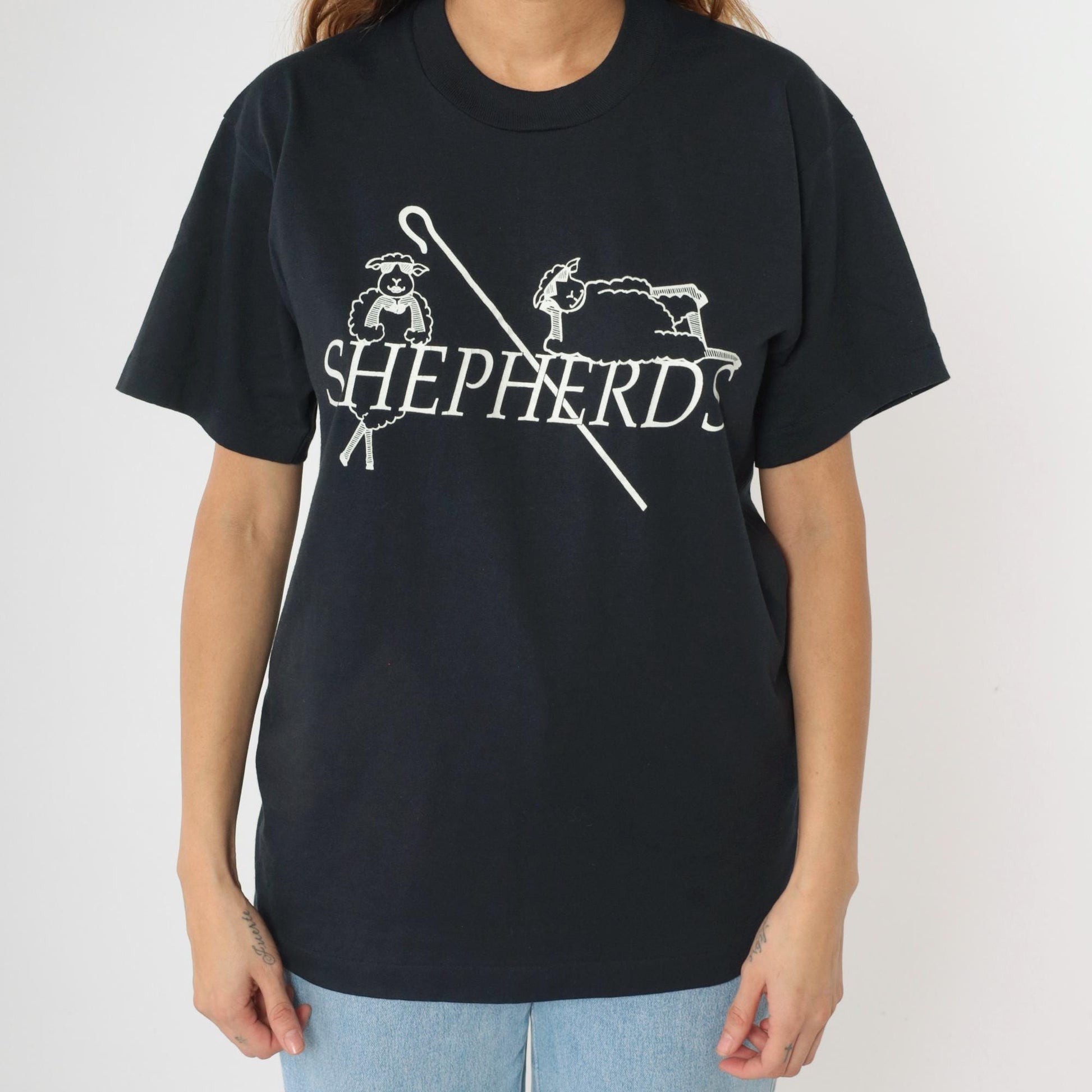 90s Shepherd Sheep Graphic T-Shirt Screen Stars Black Single Stitch Medium