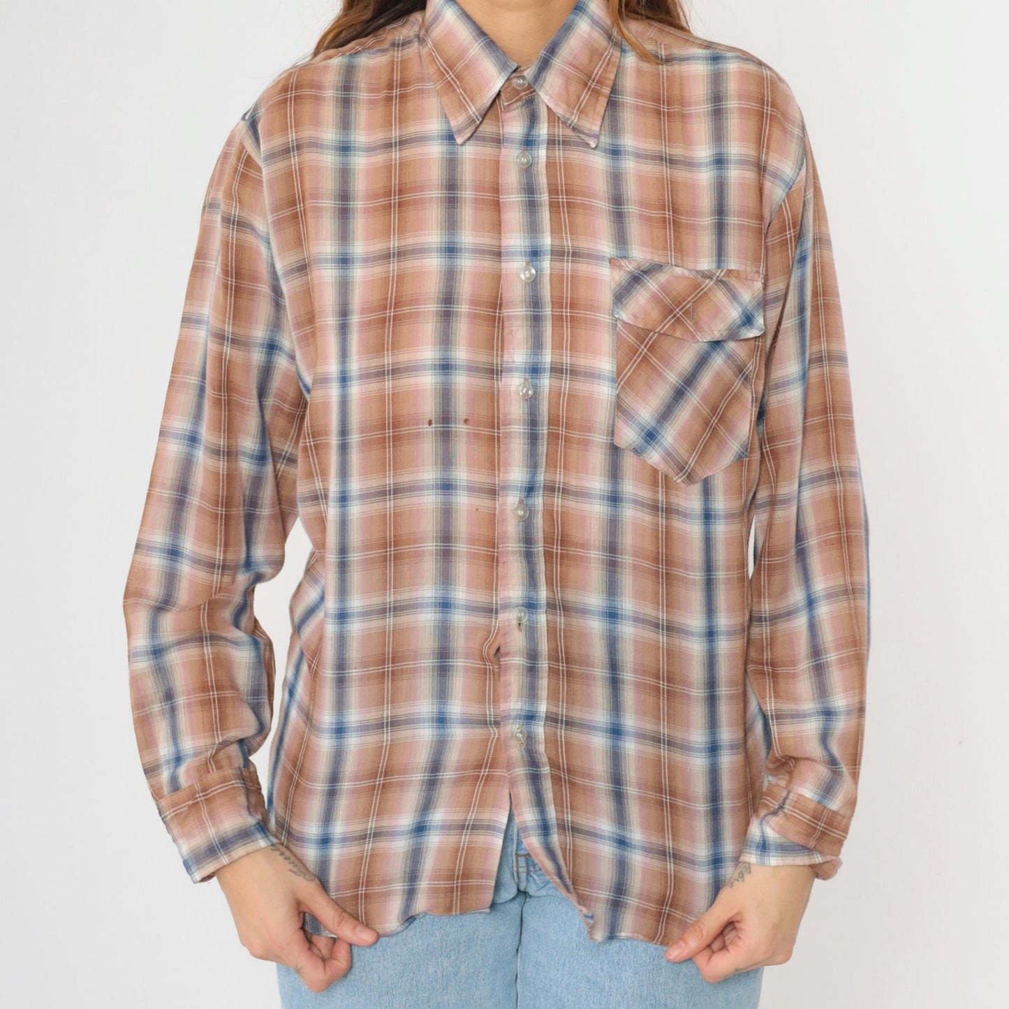 80s Tan Blue Pink Plaid Button Up Shirt Long Sleeve Men's Medium
