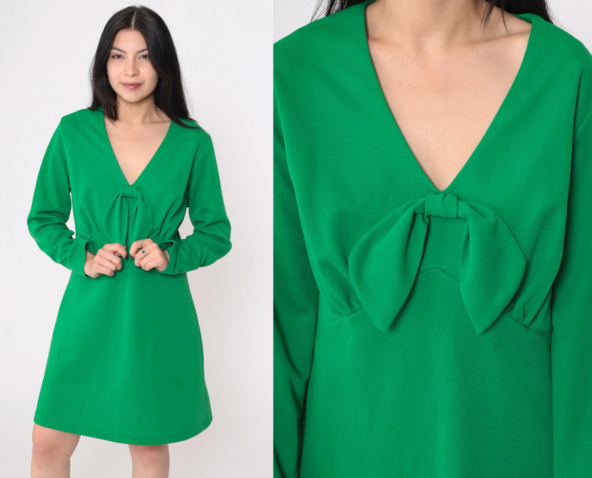 70s Green Babydoll Mini Dress Keyhole Back Empire Waist Long Sleeve Large