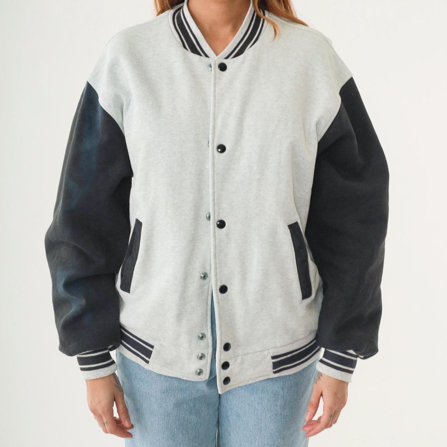 90s Dog Graphic Bomber Jacket Heather Grey Black Striped Snap Up Large L