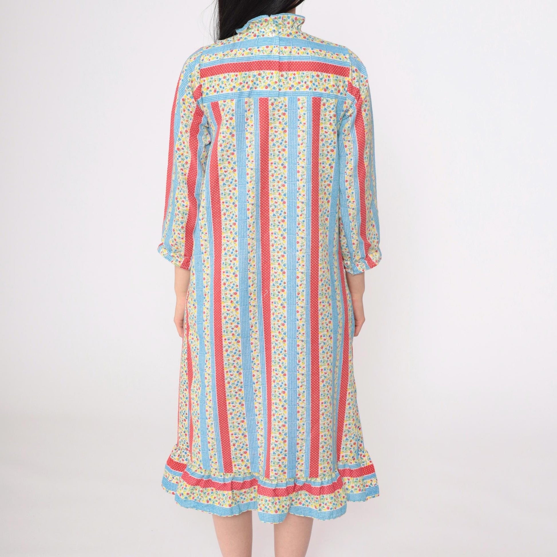 70s Floral Calico Striped Nightgown Eyelet Lace Bib Long Sleeve Red Blue Extra Small