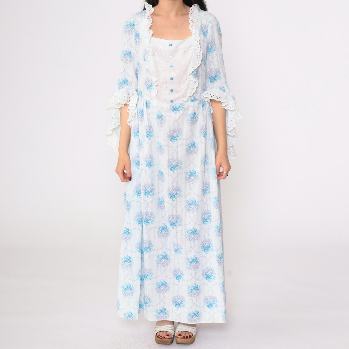70s Floral Prairie Maxi Dress White Blue Bell Sleeve High Waist Lace Bib Medium Large