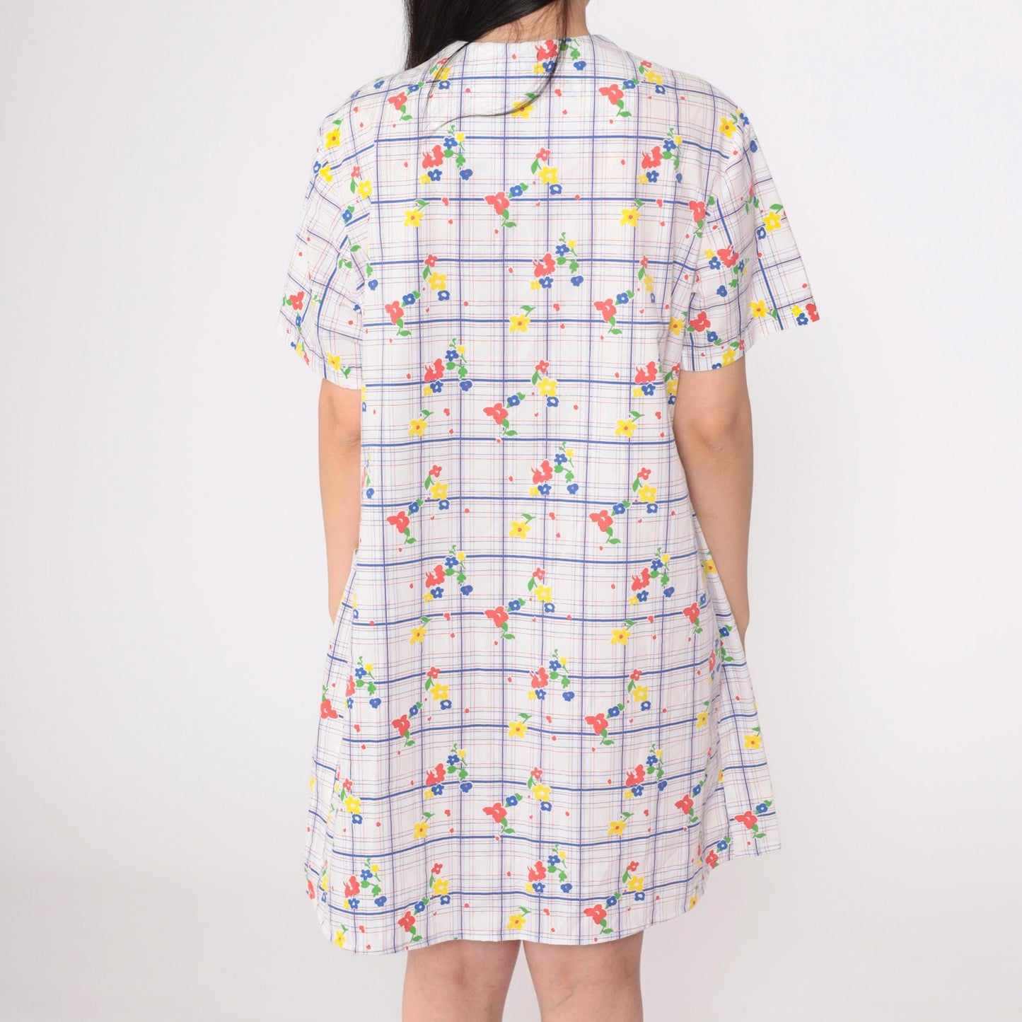 70s White Floral Shift Dress Mini Length Front Zip Pockets Large