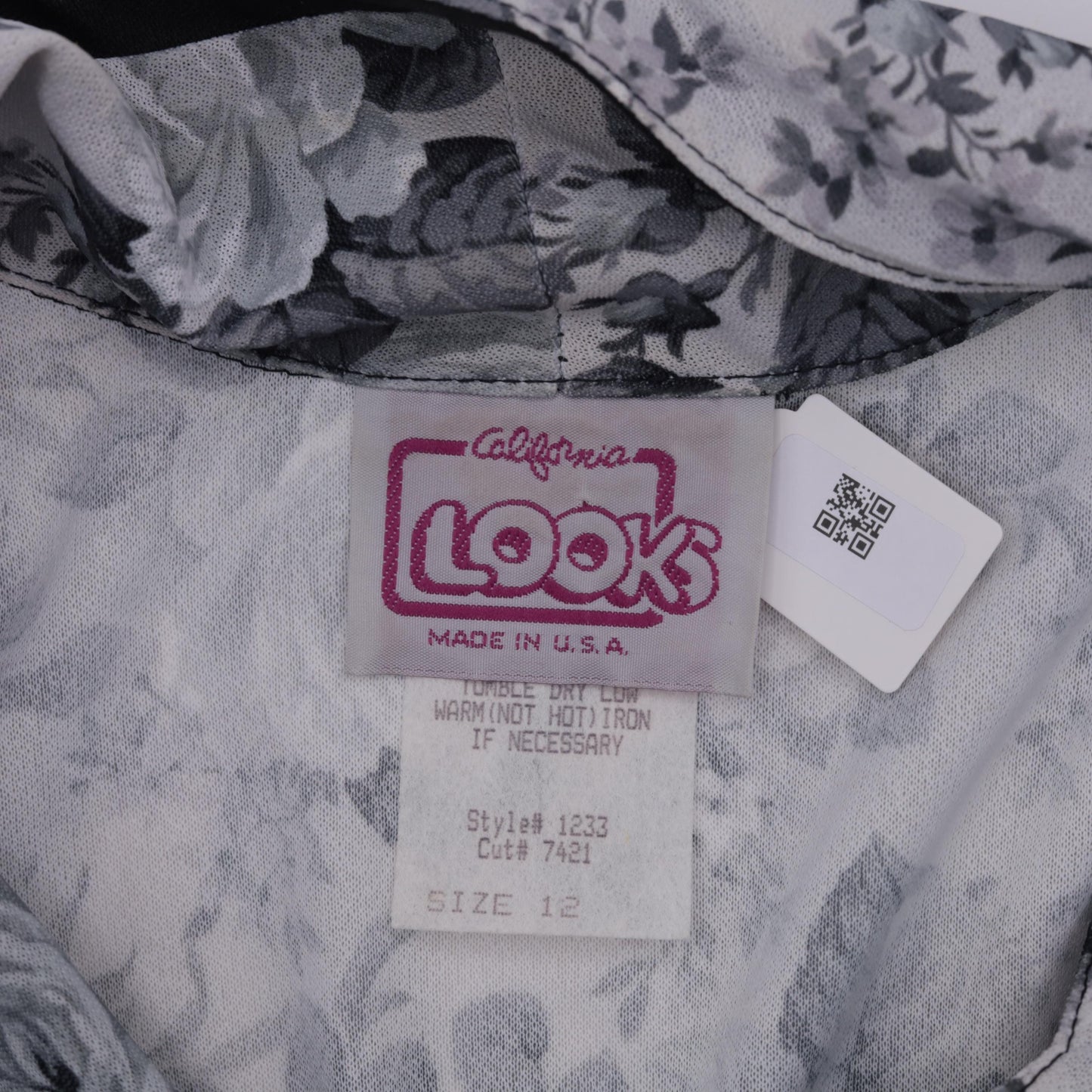 80s Grey Floral Midi Shirtdress Pleated High Waist Button Up 3/4 Sleeve Large