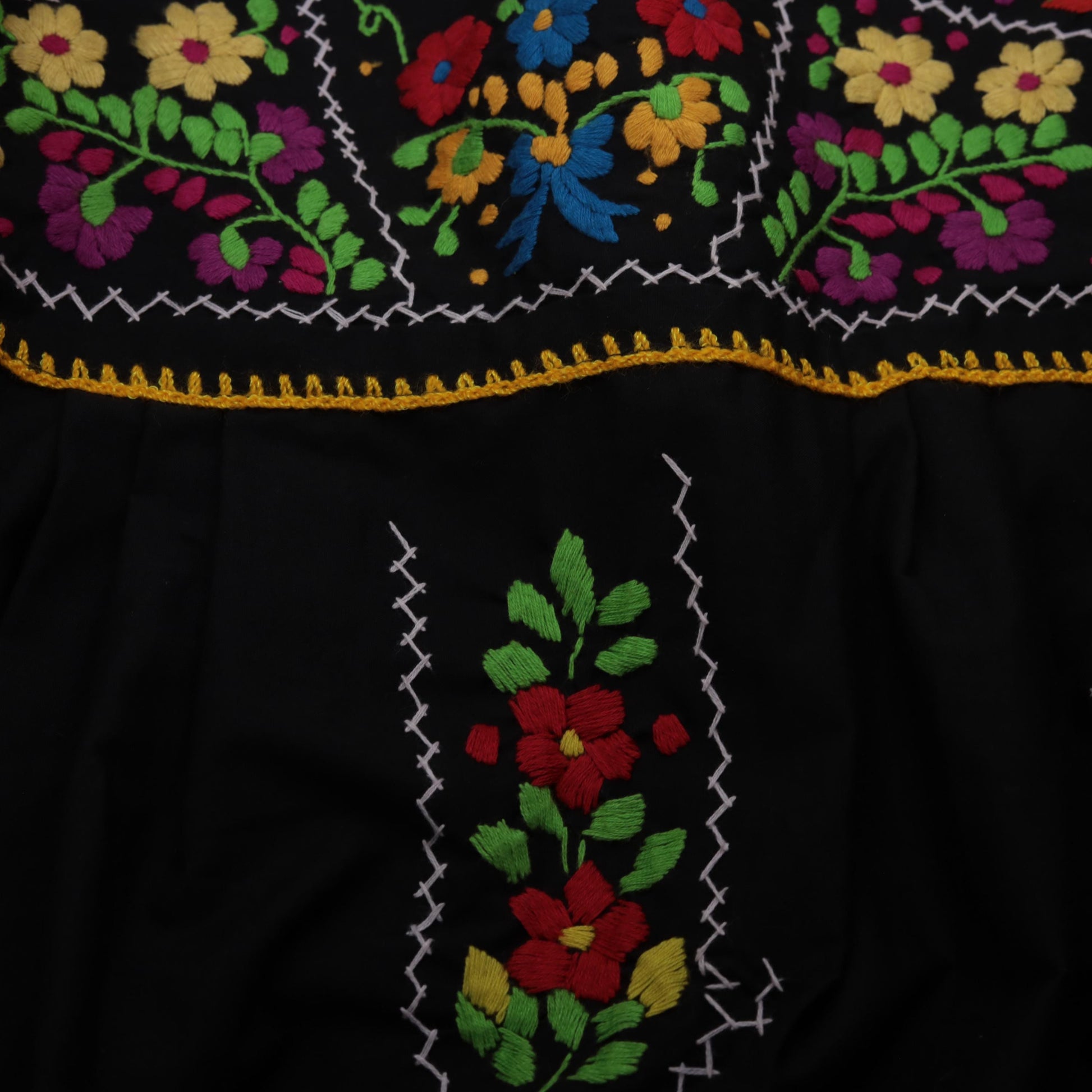 90s Black Mexican Embroidered Cotton Tunic Mini Dress Floral Small