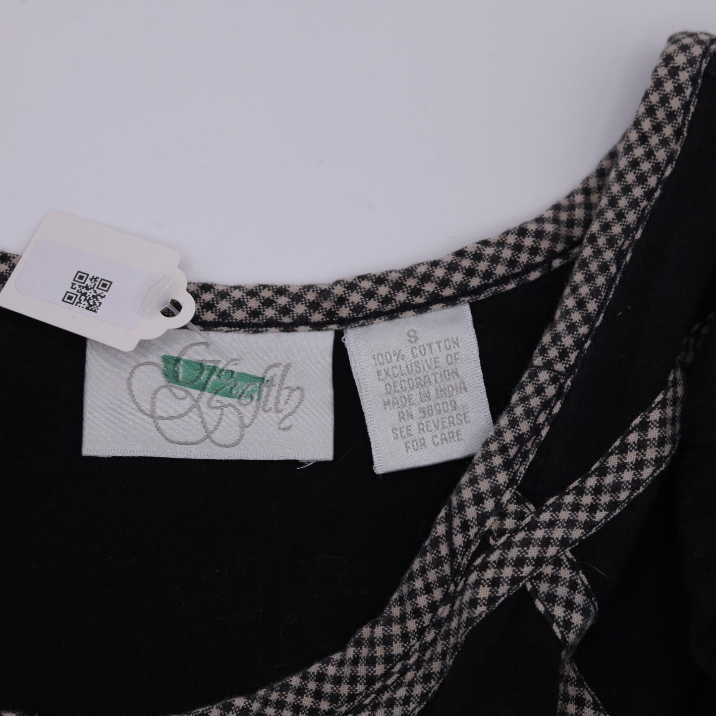 90s Black Floral Embroidered Cotton Maxi Dress Gingham Lattice Short Sleeve Small