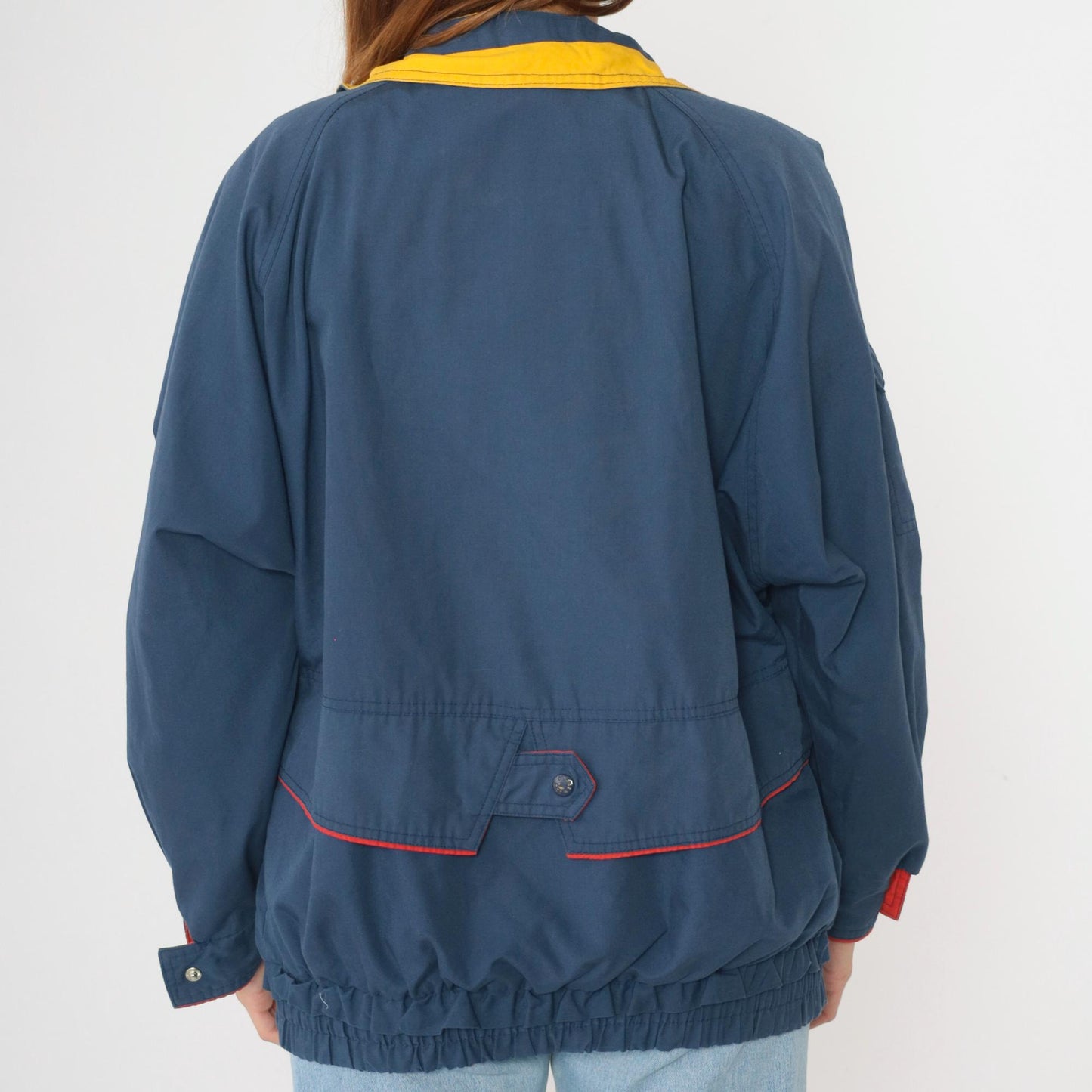 80s Izzi Spirit Blue Windbreaker Jacket Yellow Red Trim Zip Up Medium