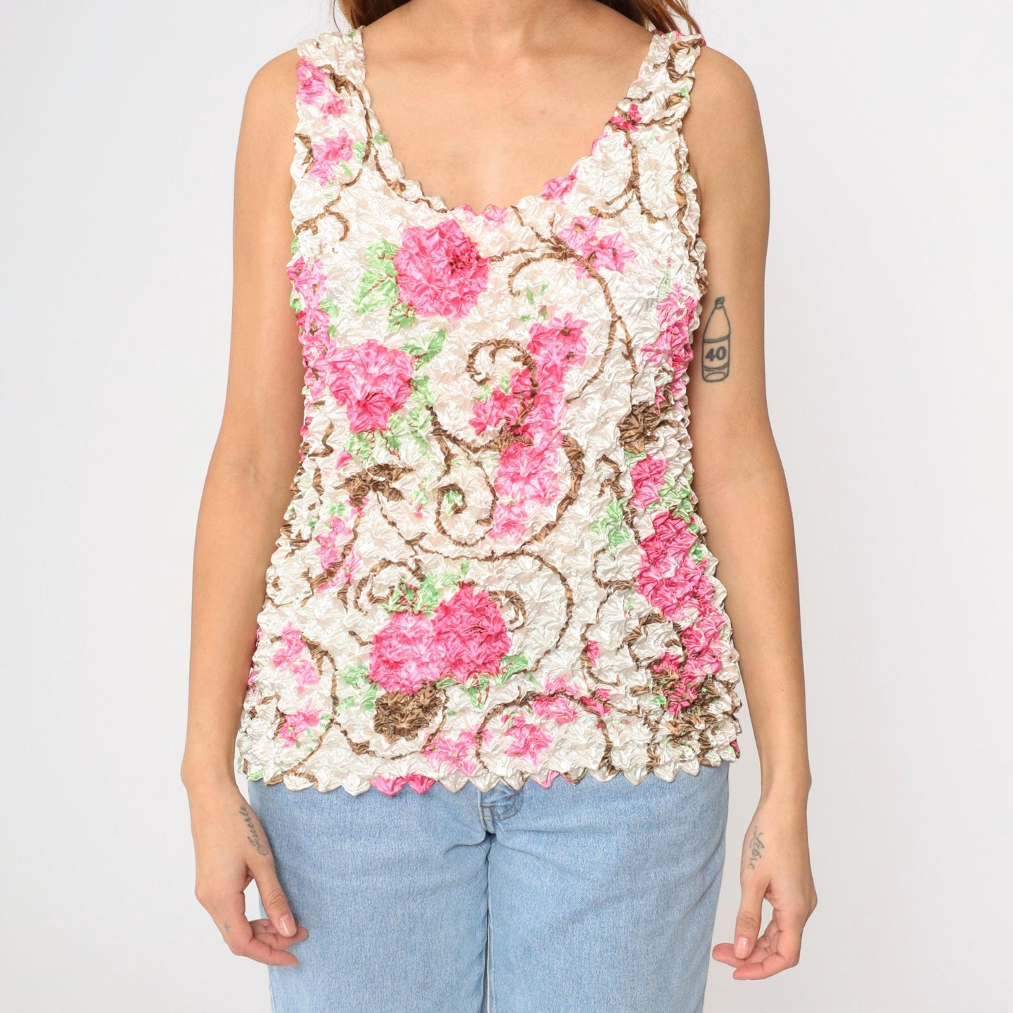 Y2K Floral Popcorn Tank Top Off-White Pink Flower Print Sleeveless Blouse Small