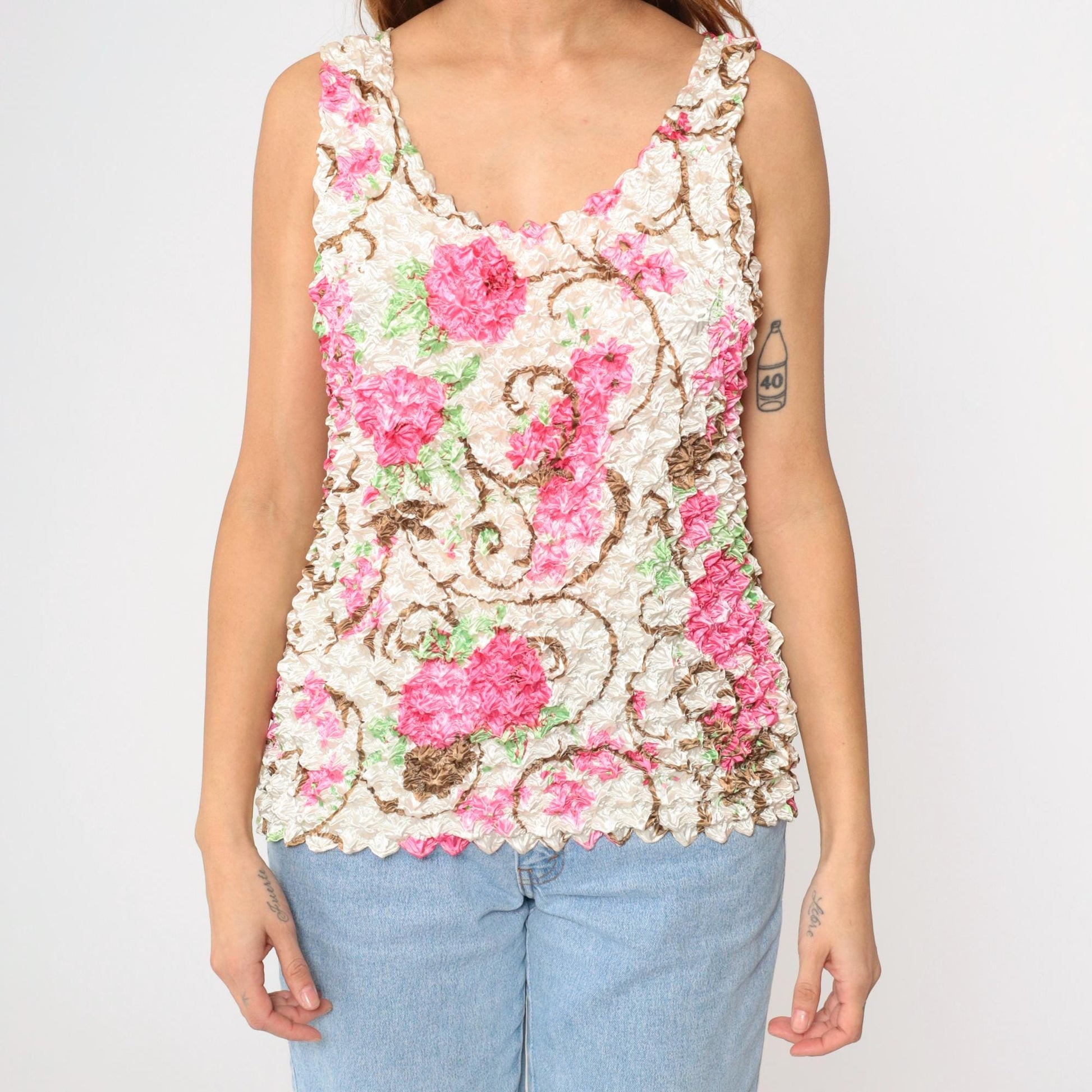 Y2K Floral Popcorn Tank Top Off-White Pink Flower Print Sleeveless Blouse Small