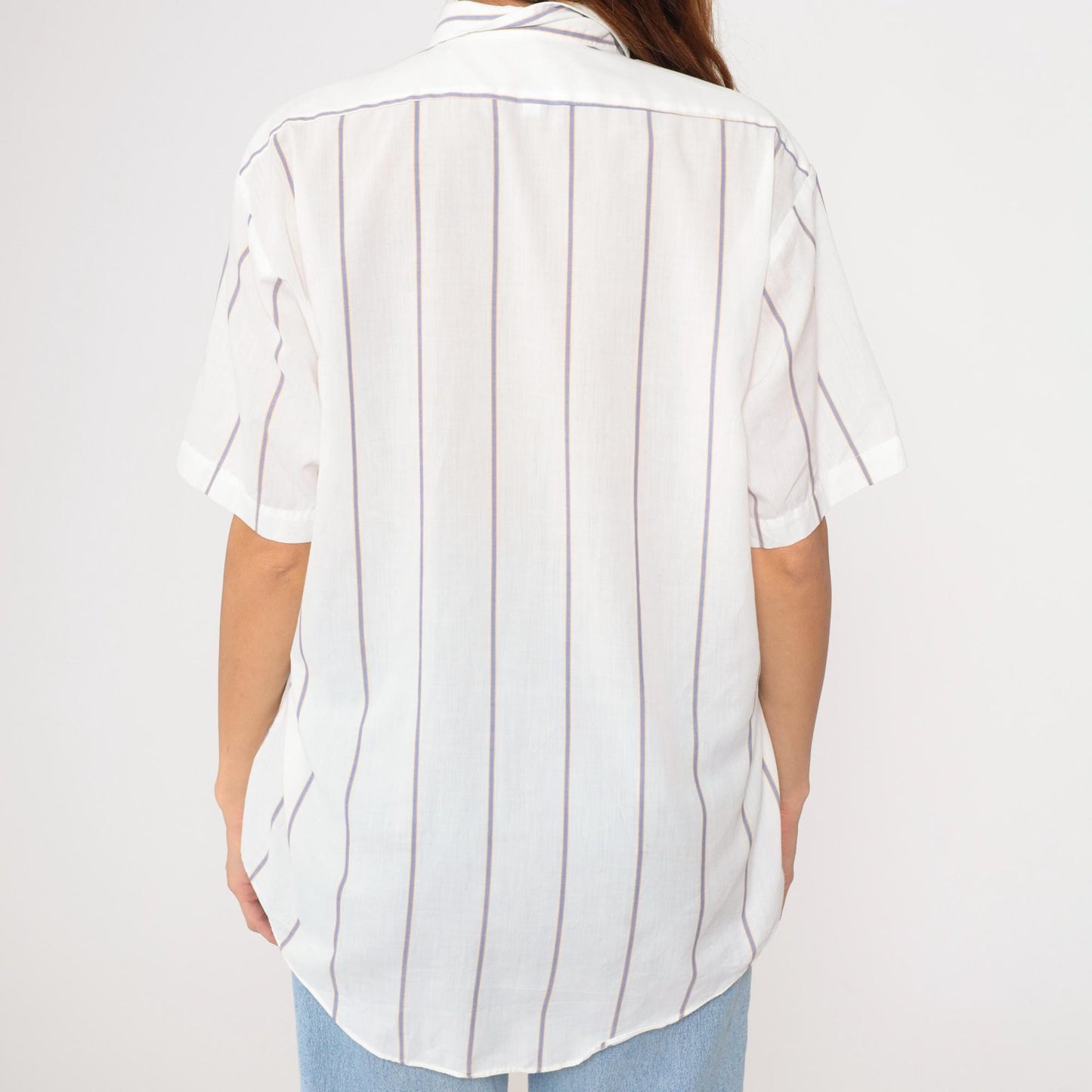 80s White Striped Semi-Sheer Button-Up Shirt Short Sleeve Collar Large L