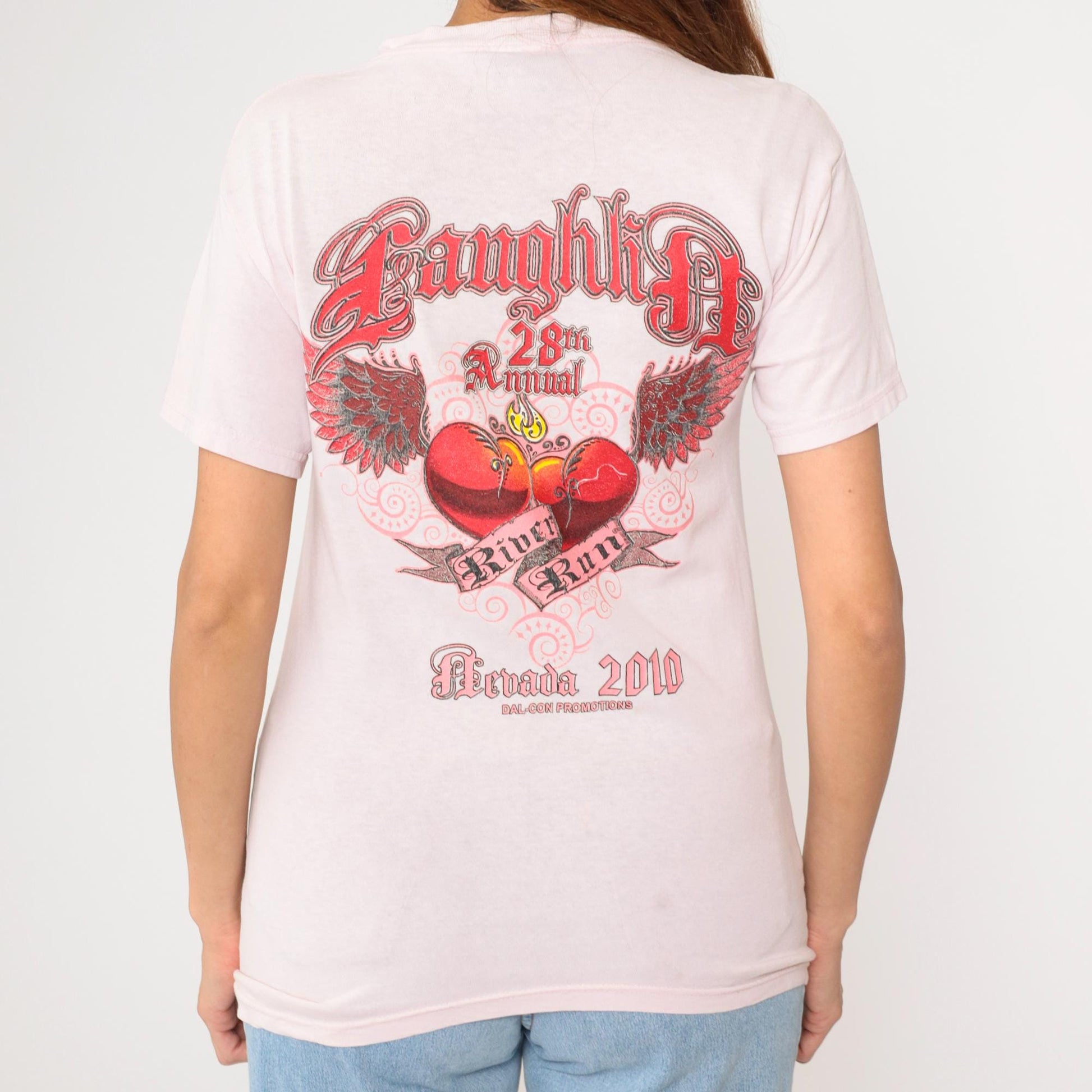 Laughlin River Run Winged Heart Flame Graphic T-Shirt Pink Small S