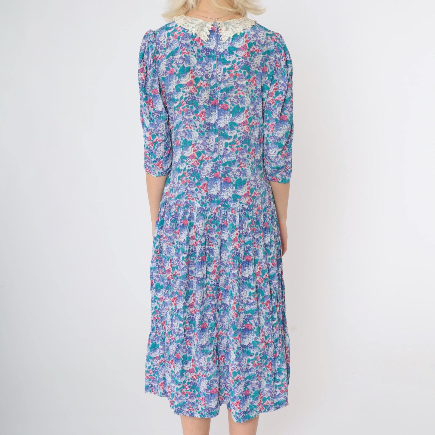 80s Floral Midi Dress Multicolor Puff Sleeve Lace Collar Drop Waist Medium