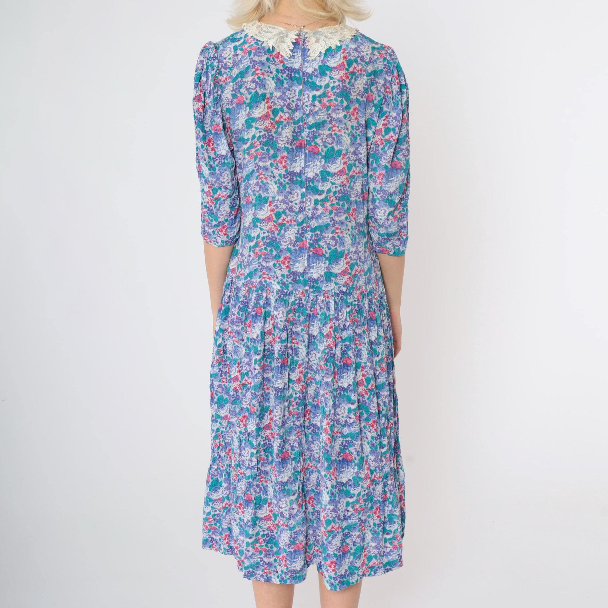 80s Floral Midi Dress Multicolor Puff Sleeve Lace Collar Drop Waist Medium