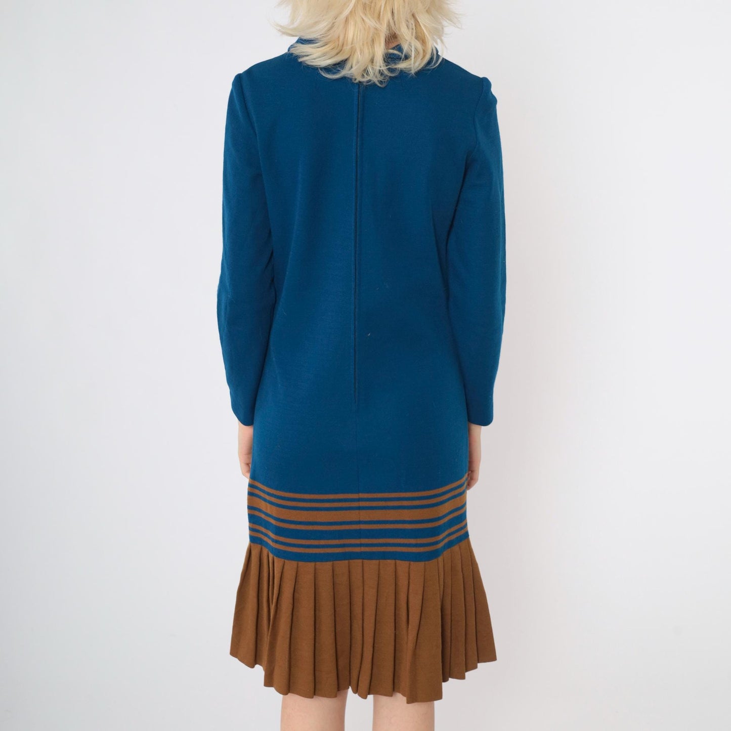 1960s Mod Scooter Dress Dark Blue Brown Striped Wool Drop Waist Small