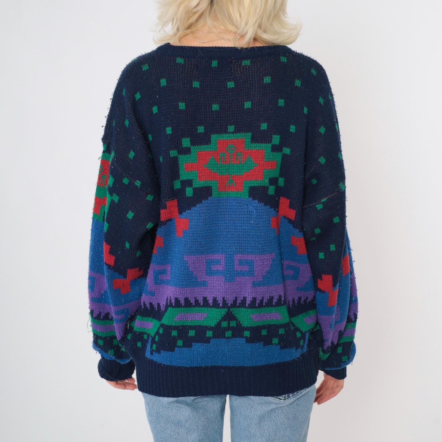 80s Sergio Geometric Sweater Navy Blue Red Green Abstract Crewneck Medium