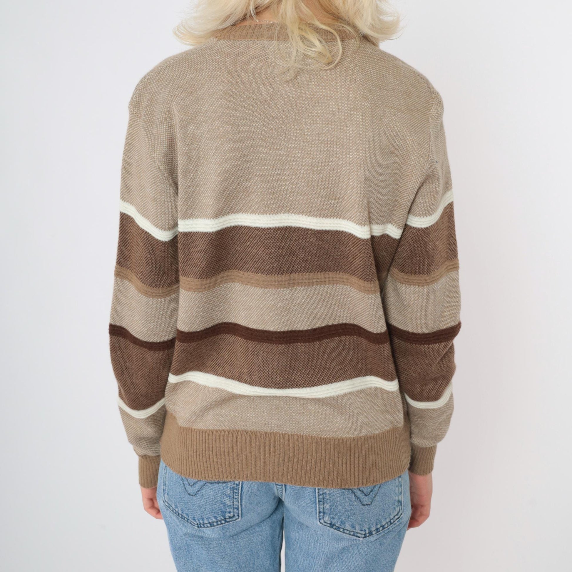 80s Tan Striped V-Neck Sweater Pullover Knit Small