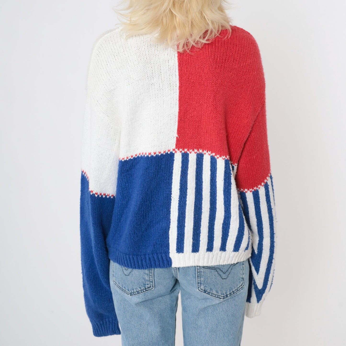 90s Lizsport Color Block Sweater Red White Blue Ramie Cotton Crewneck Medium M