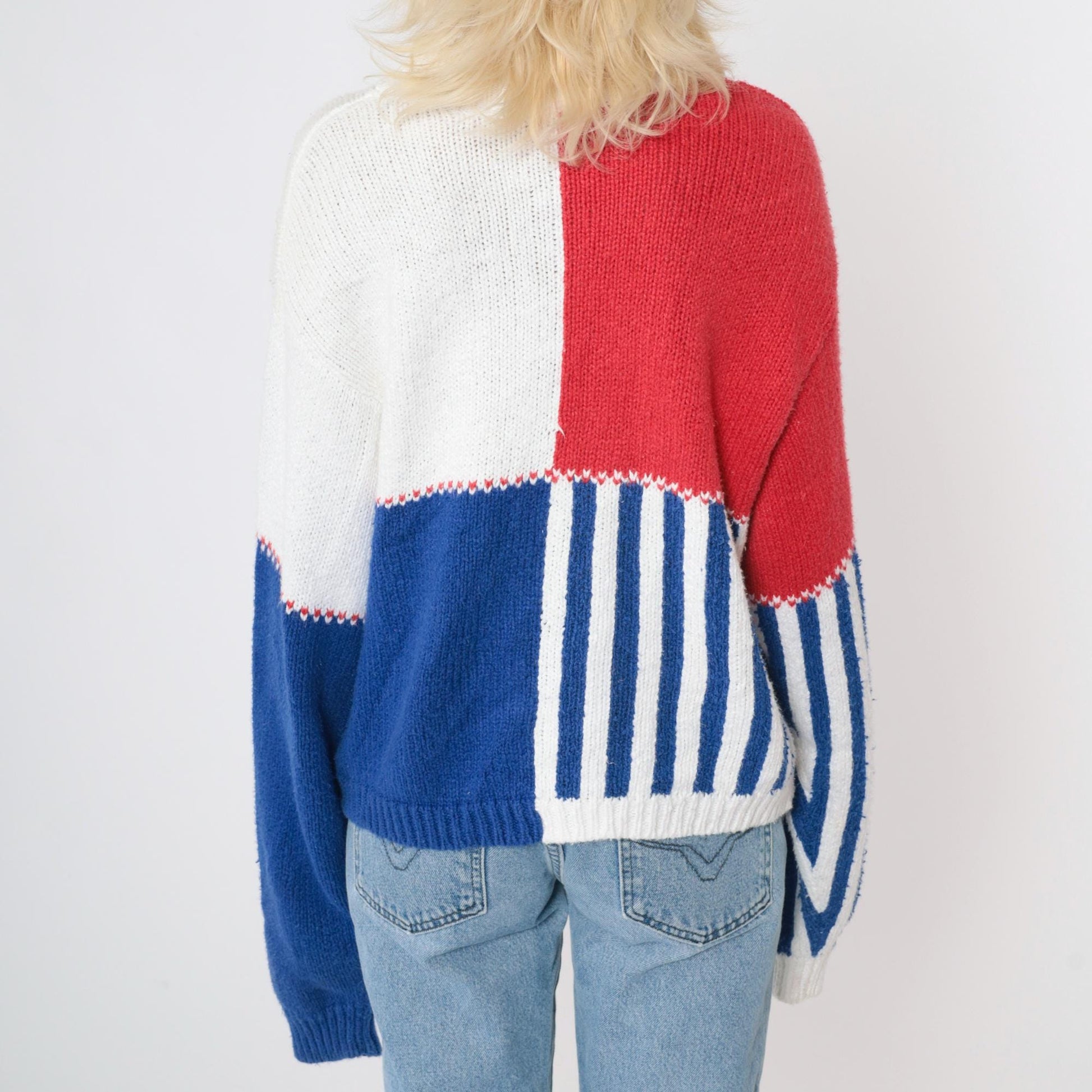 90s Lizsport Color Block Sweater Red White Blue Ramie Cotton Crewneck Medium M