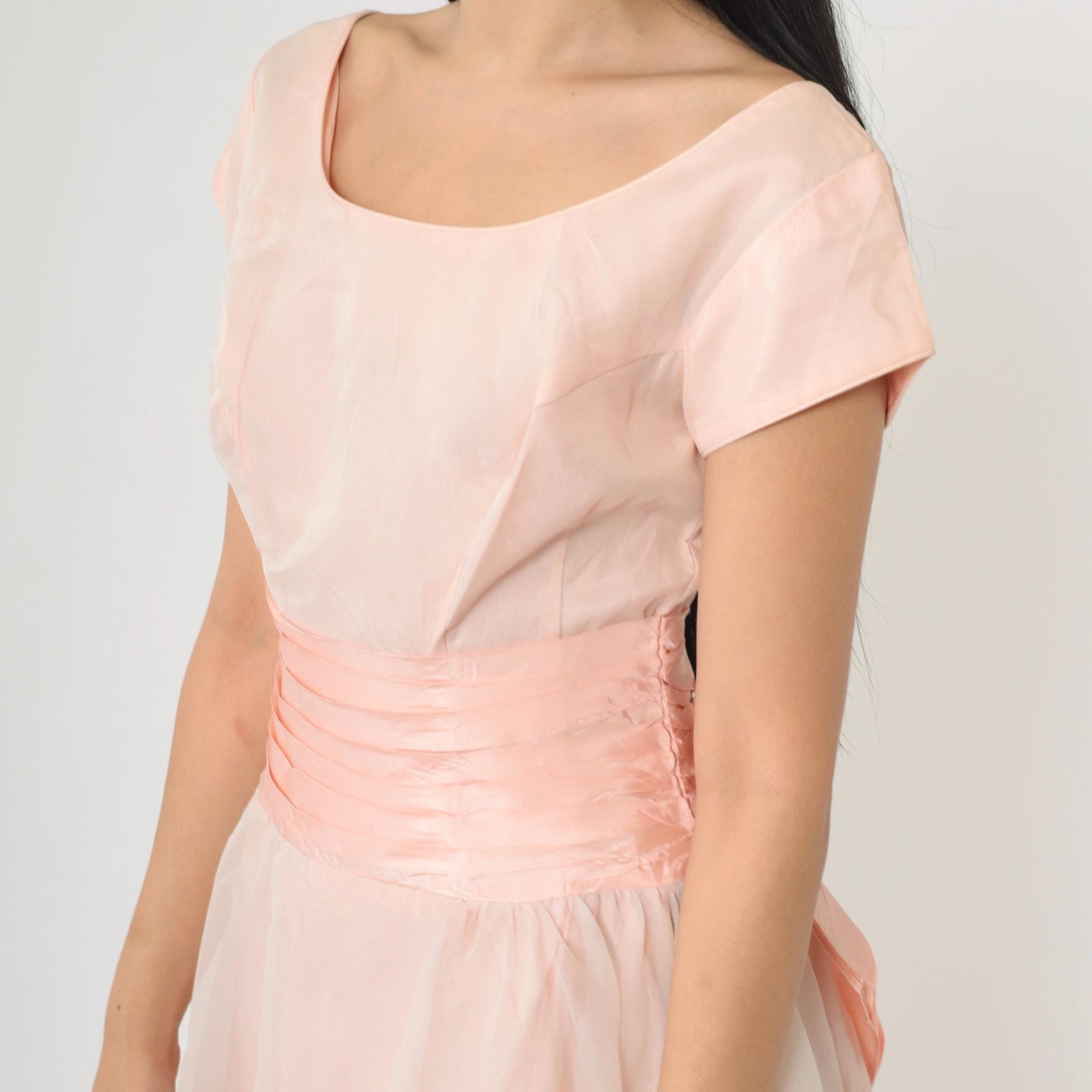 1950s Pink Taffeta Party Dress Chiffon Overlay Bow Back Knee Length Small