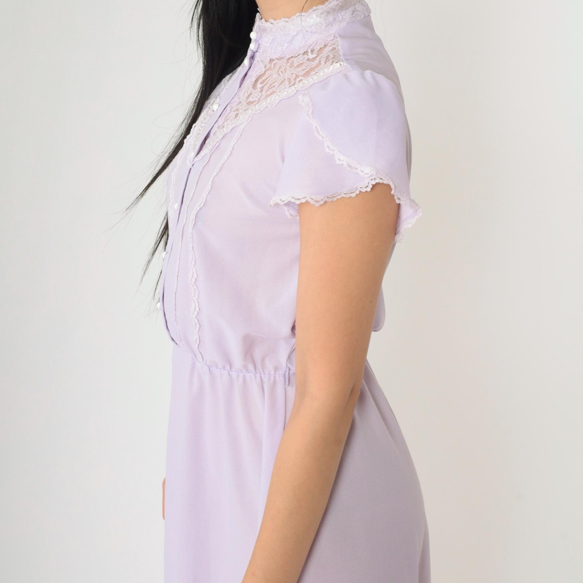 70s Lavender Midi Dress Lace Yoke Button Front Tulip Sleeve Small