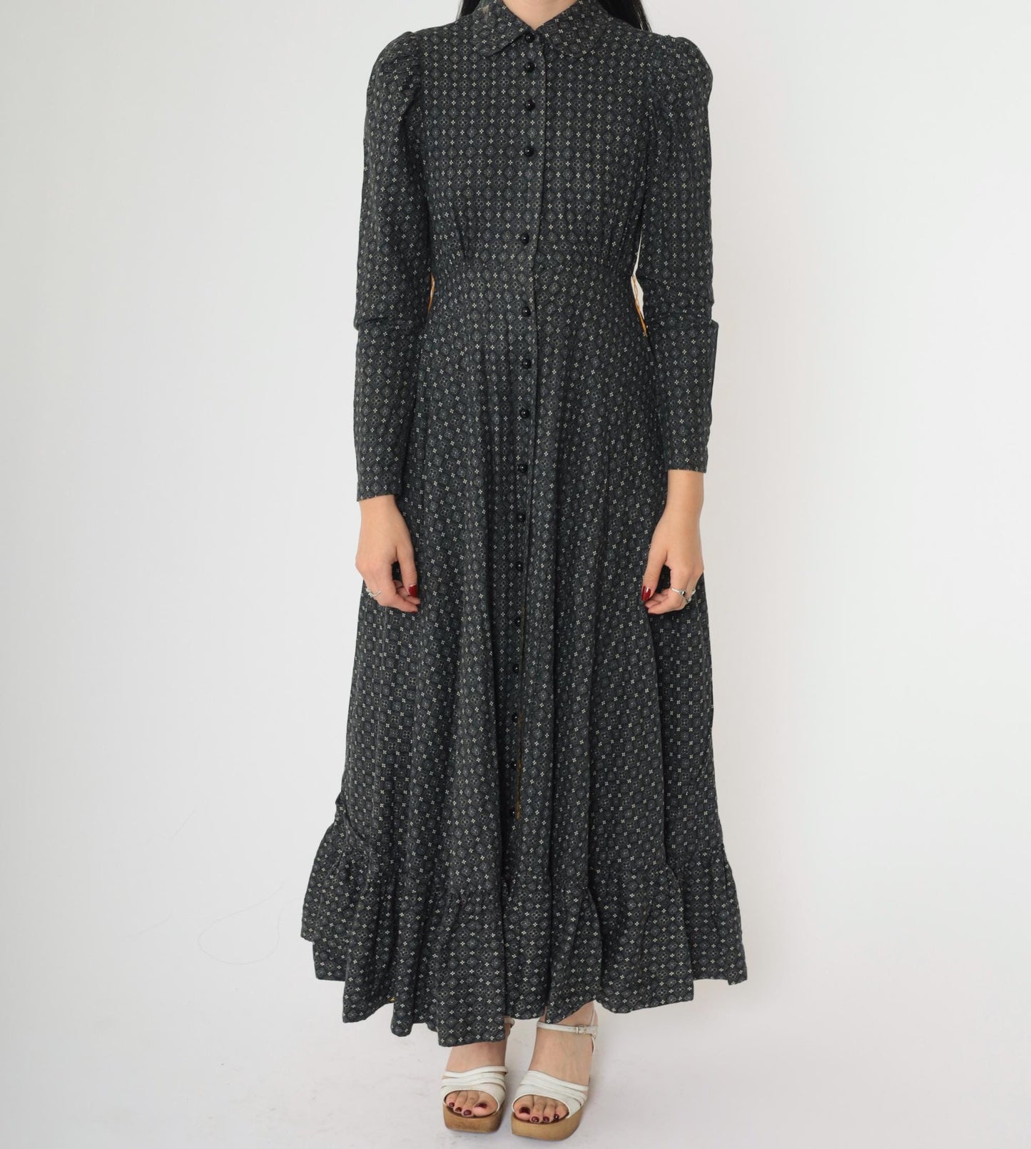 70s Black Floral Maxi Dress Peter Pan Collar Puff Sleeve High Waist Small