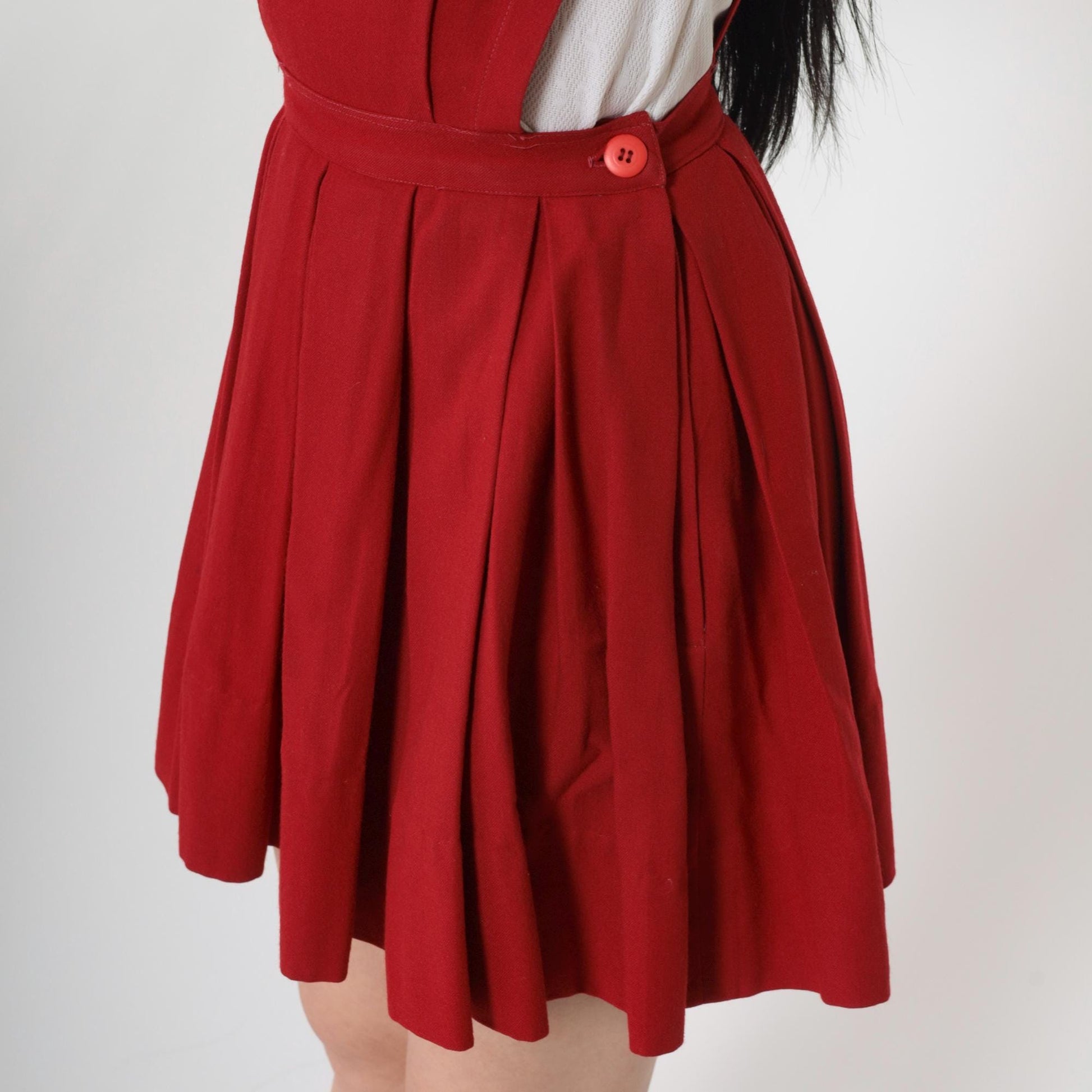 70s Red Pleated Mini Jumper Dress High Waist Pinafore Small