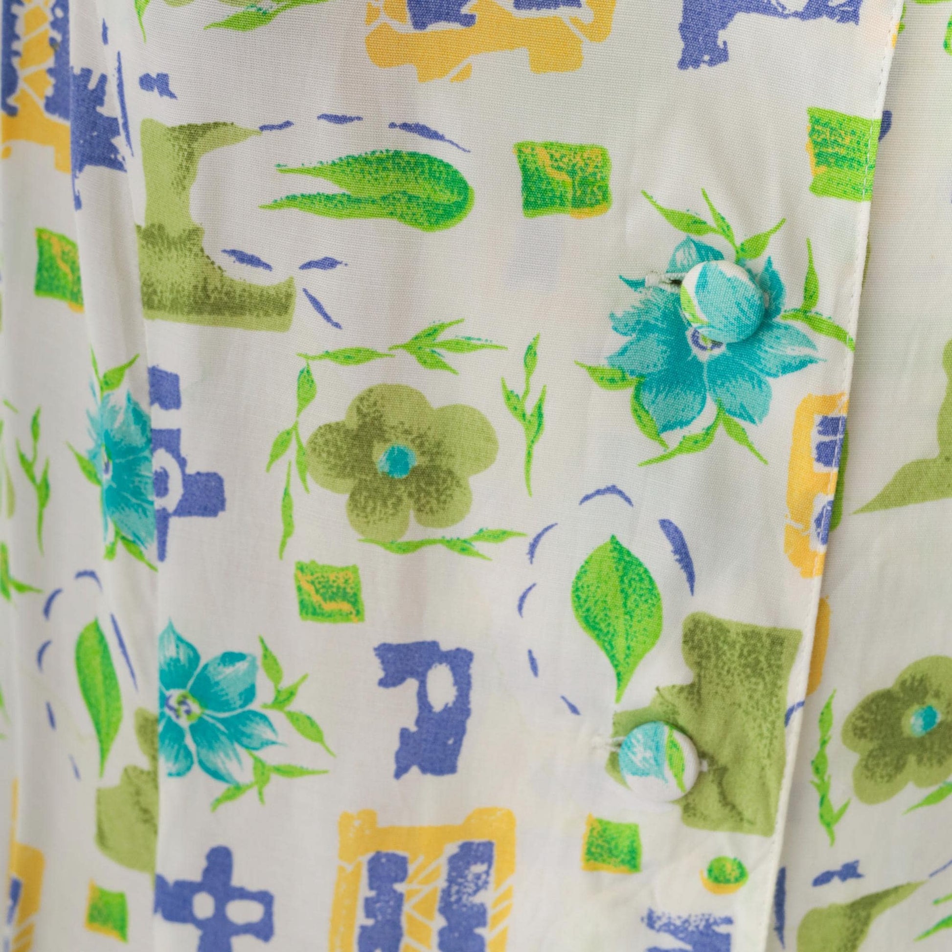 90s Floral Button-Up Dress White Green Blue Rayon Ankle Length Medium M