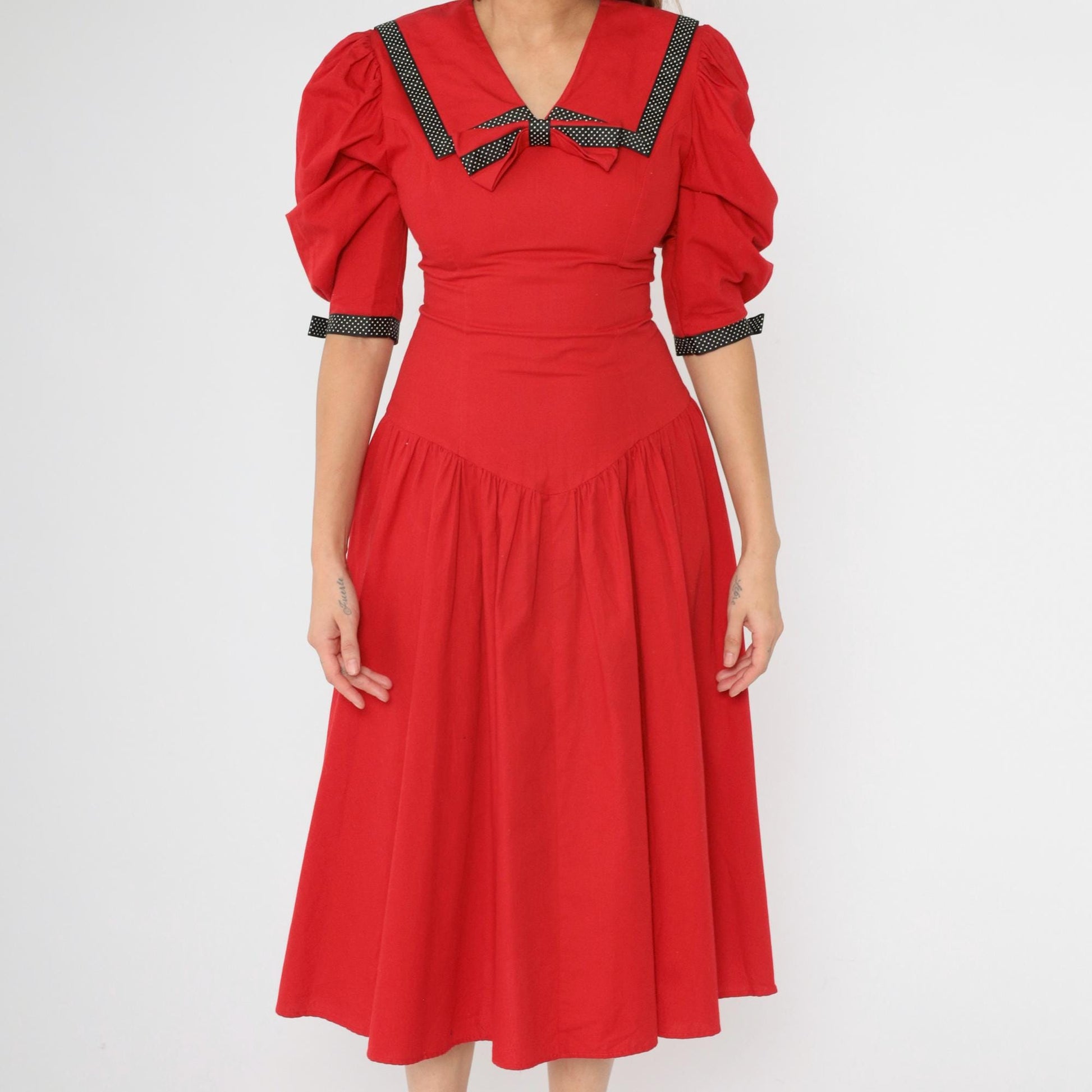 80s Red Nautical Sailor Collar Puff Sleeve Midi Dress Polka Dot Bow Small