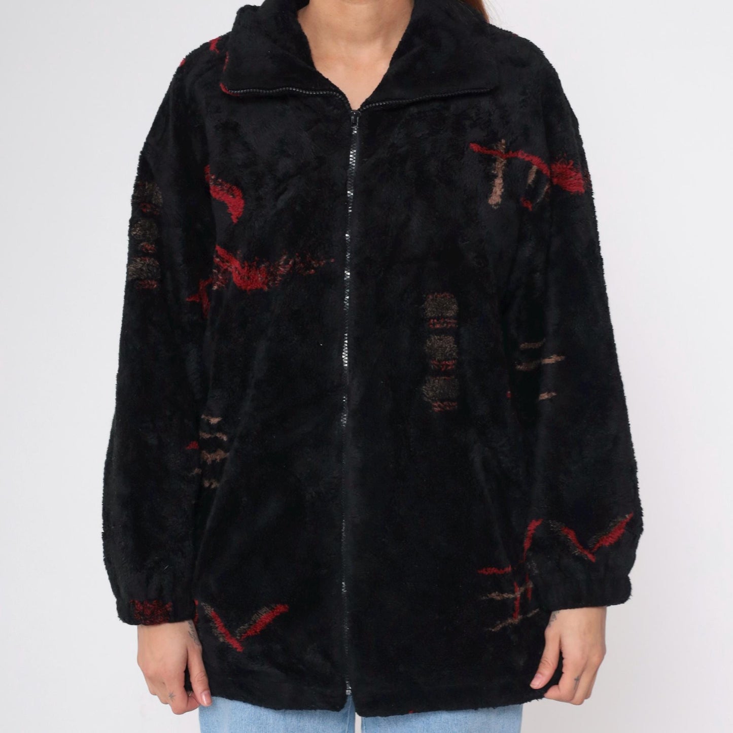 90s Forecaster Fleece Jacket Black Abstract Geometric Zip Up Extra Small