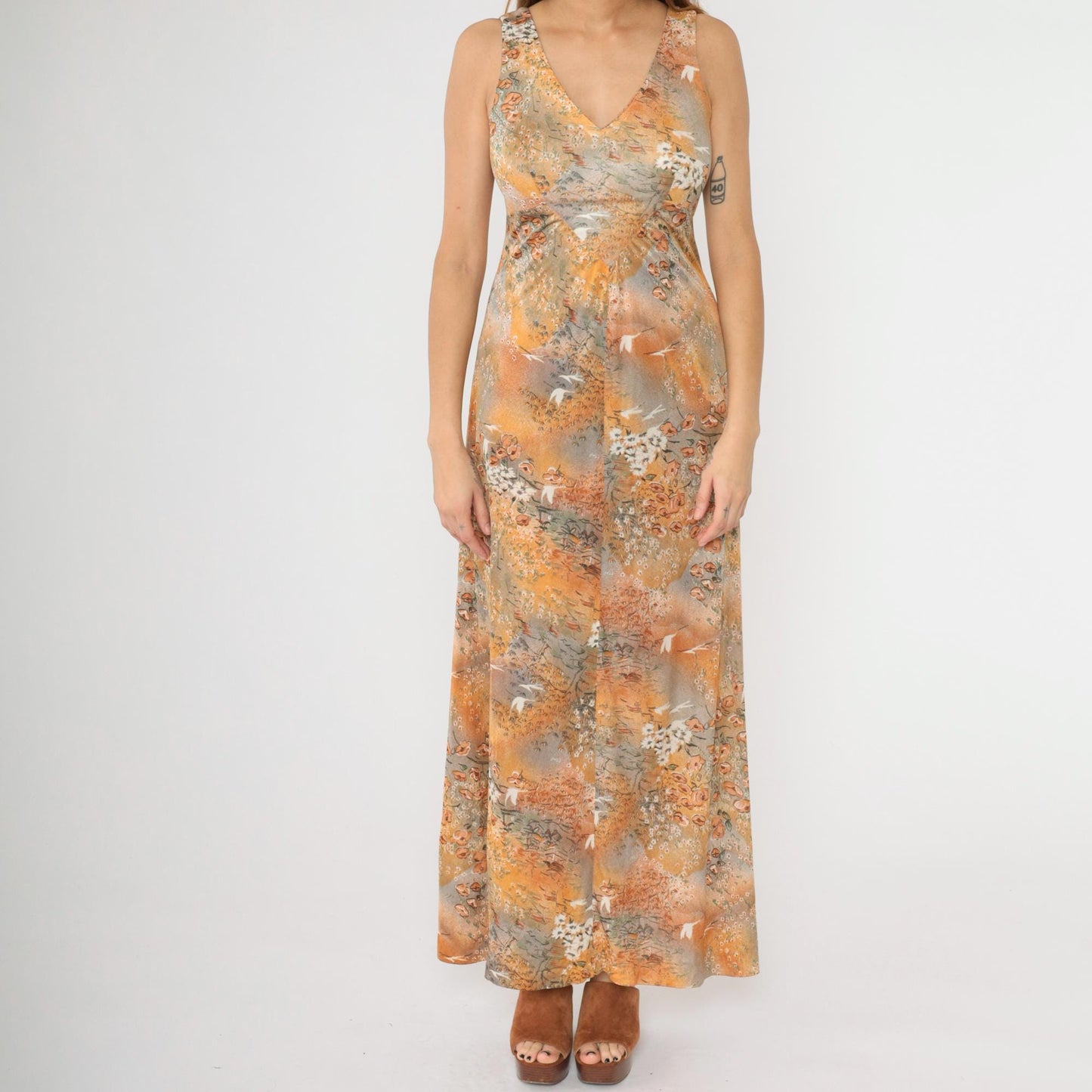 70s Floral Crane Print Maxi Dress Empire Waist V-Neck Grey Orange Small S