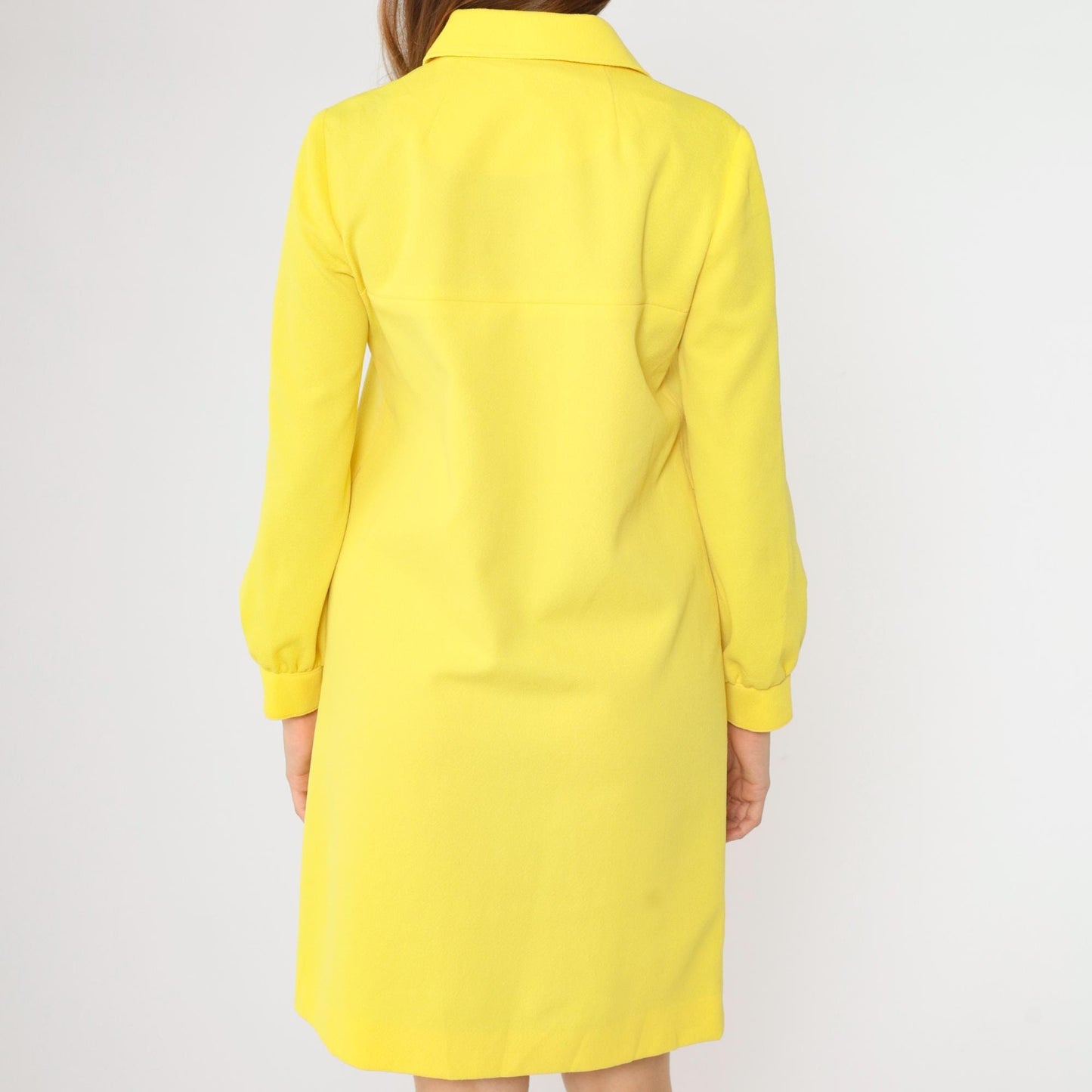 1970s L'Aiglon Yellow Knit Mod Shift Dress Button Front Pockets Small