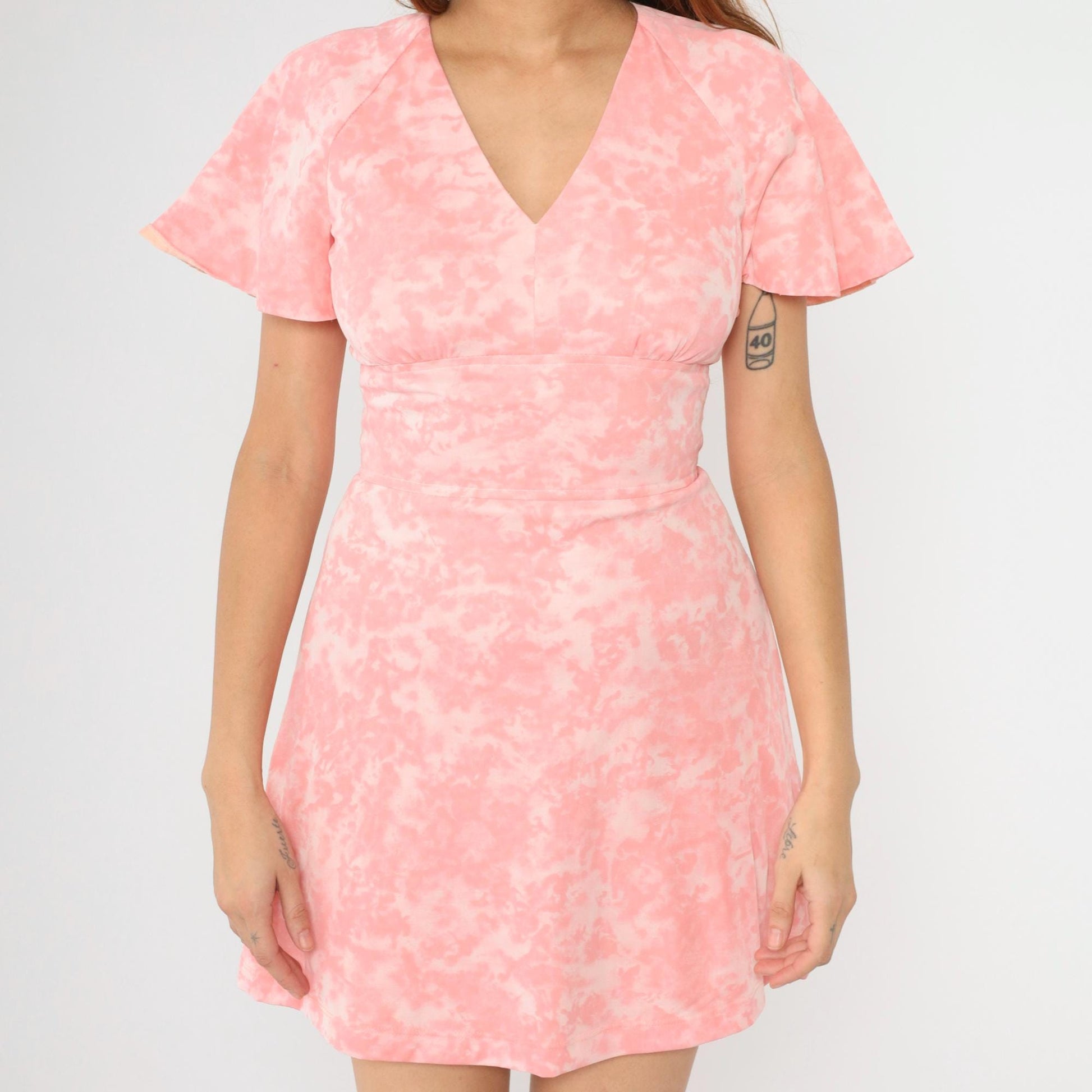 60s Pink Tie Dye Babydoll Mini Dress Flutter Sleeve Empire Waist Small