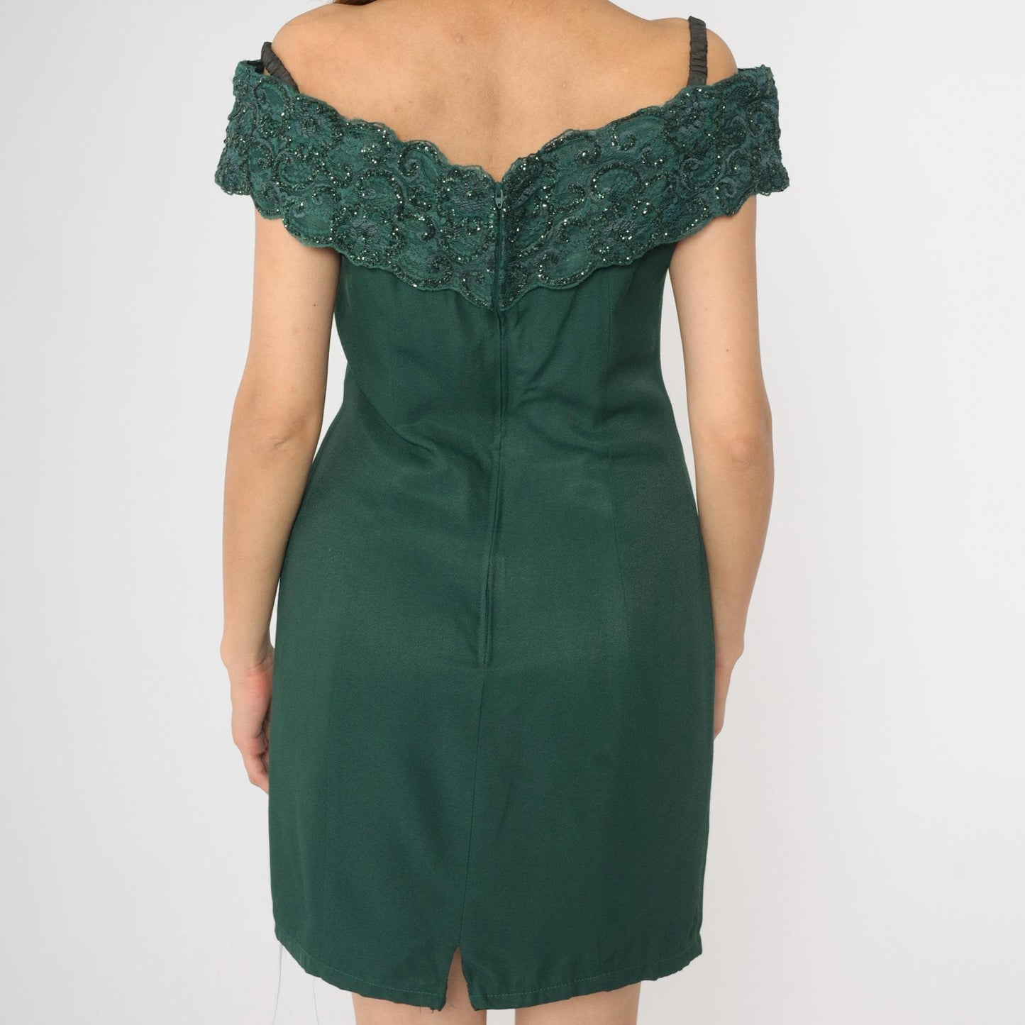 80s Niki Originals Off-Shoulder Party Dress Deep Green Lace Glitter Medium