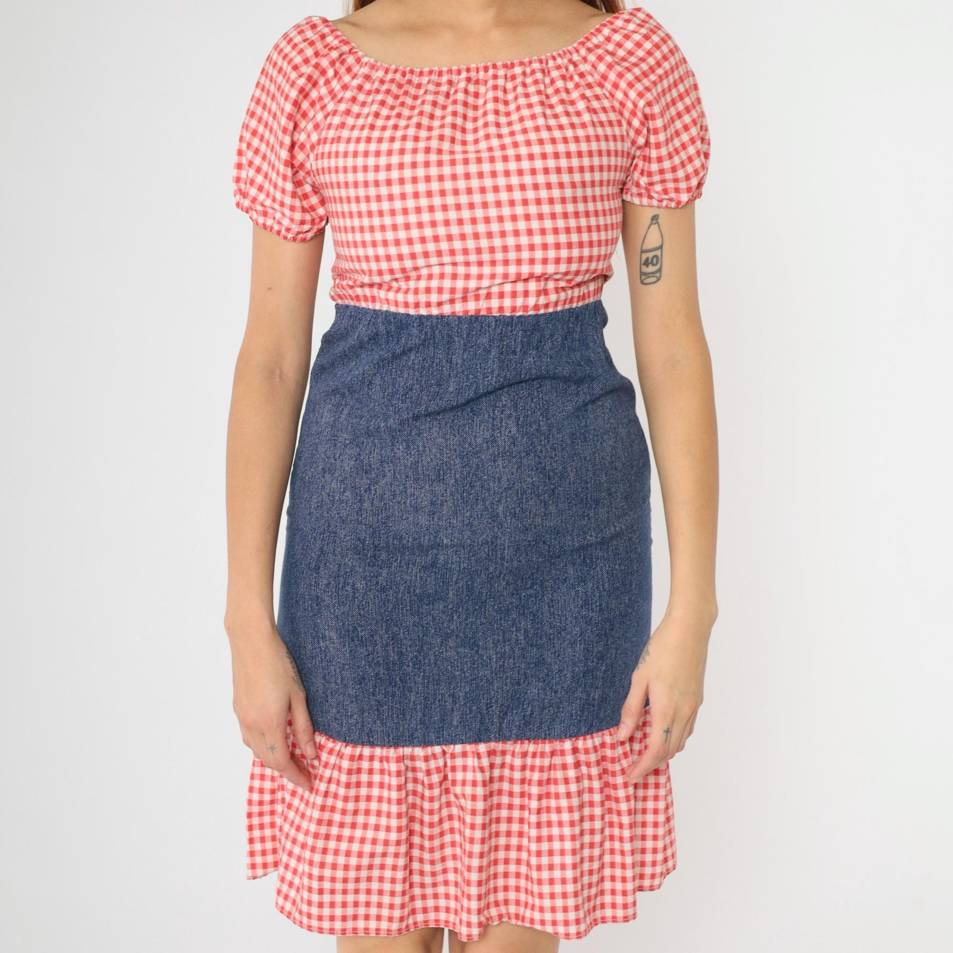70s Red Gingham Peasant Dress Puff Sleeve Mini Chambray Skirt 2XS