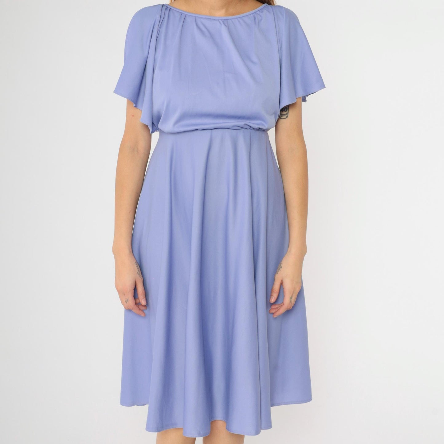 70s Lavender Disco Midi Dress High Elastic Waist Flutter Sleeve Small