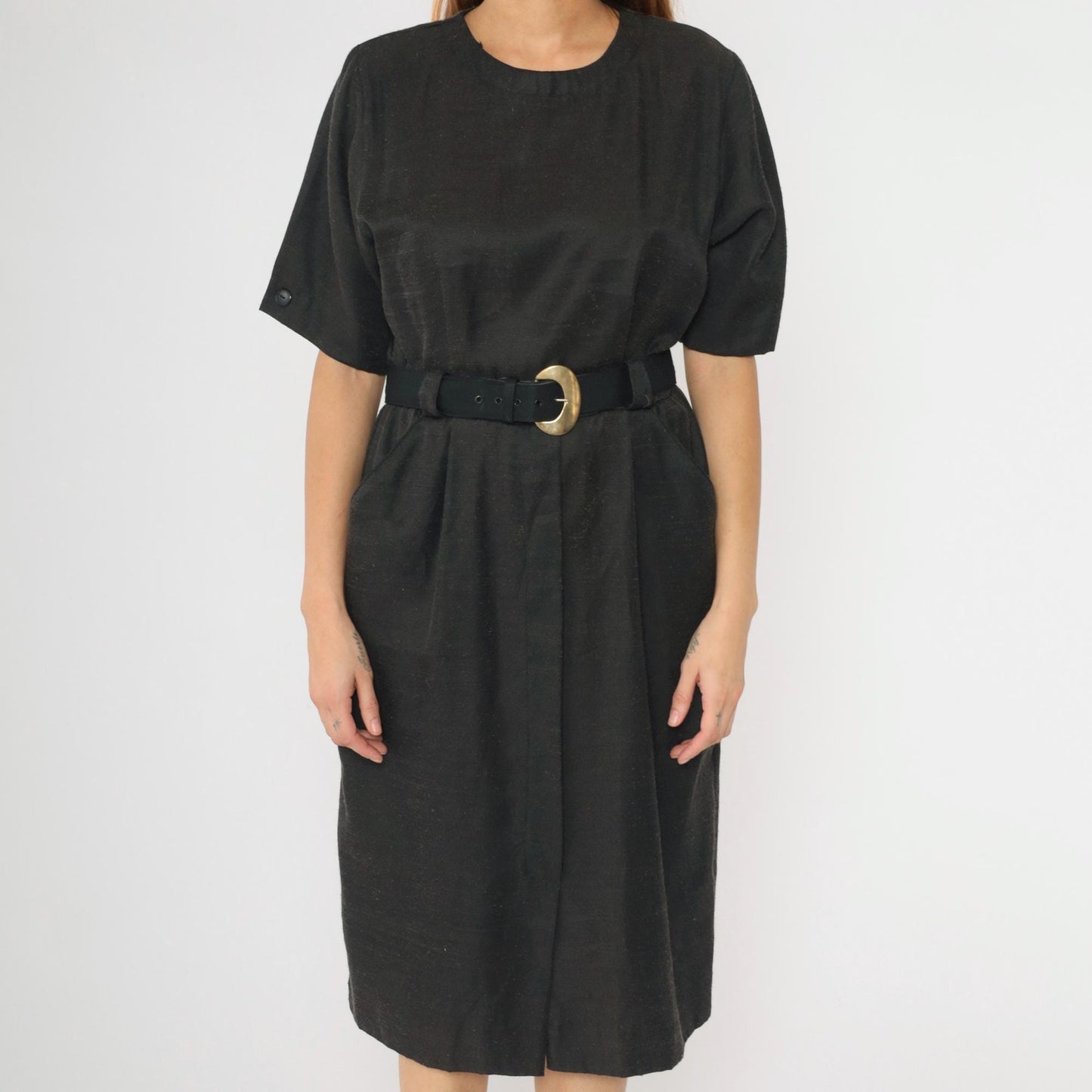 80s Black Midi Dress Button Back High Waist Belt Gold Buckle Medium Petite