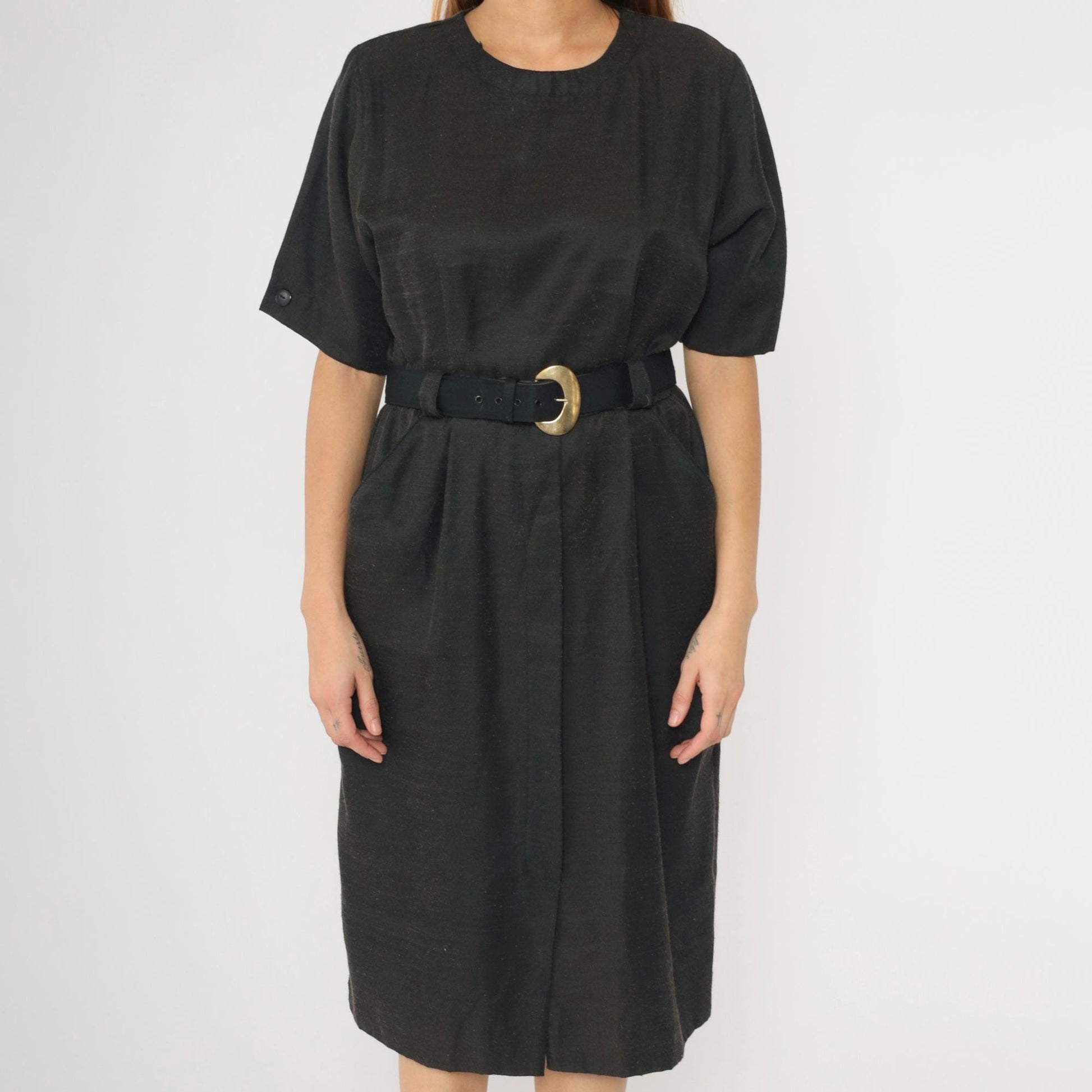 80s Black Midi Dress Button Back High Waist Belt Gold Buckle Medium Petite