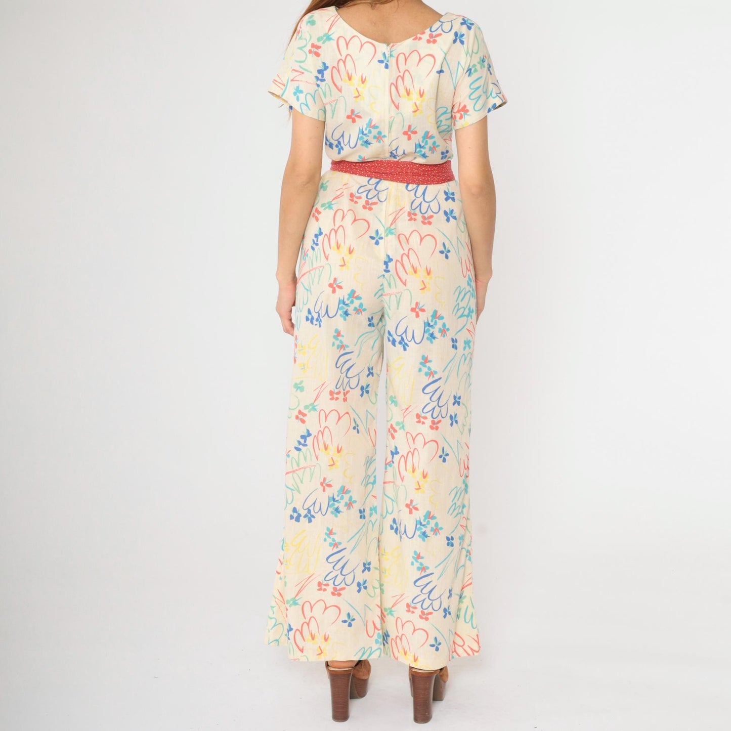 70s Floral Wide Leg Jumpsuit Off-White Short Sleeve Zip Back Small Medium
