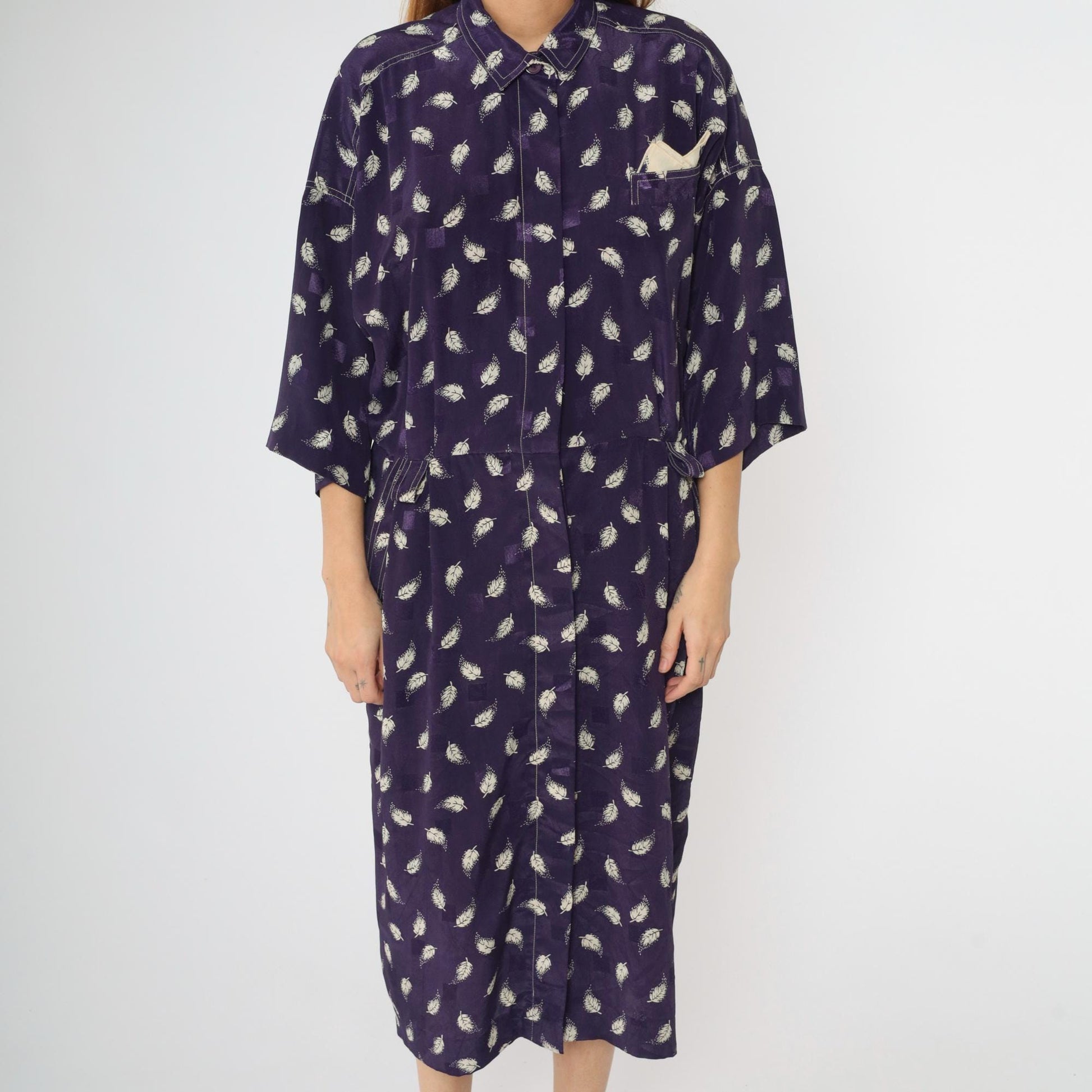 80s Leslie Fay Purple Leaf Embossed Grid Midi Shirtdress Large XL