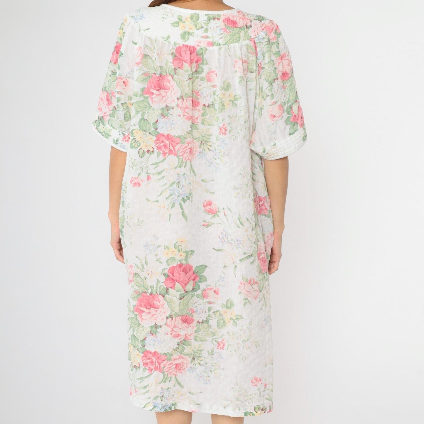 80s Floral Lounge Dress White Snap-Front Nightgown Pockets Extra Large