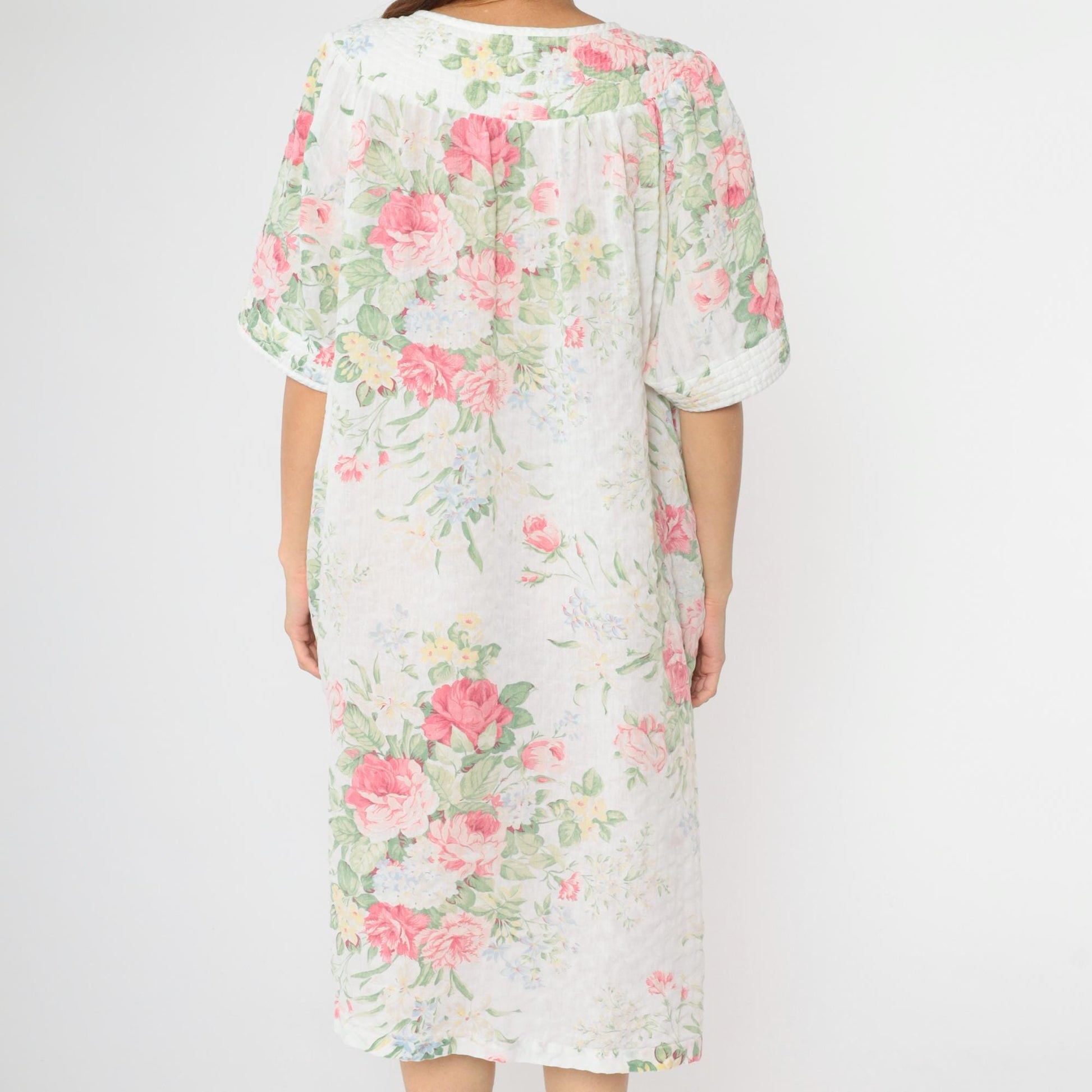 80s Floral Lounge Dress White Snap-Front Nightgown Pockets Extra Large