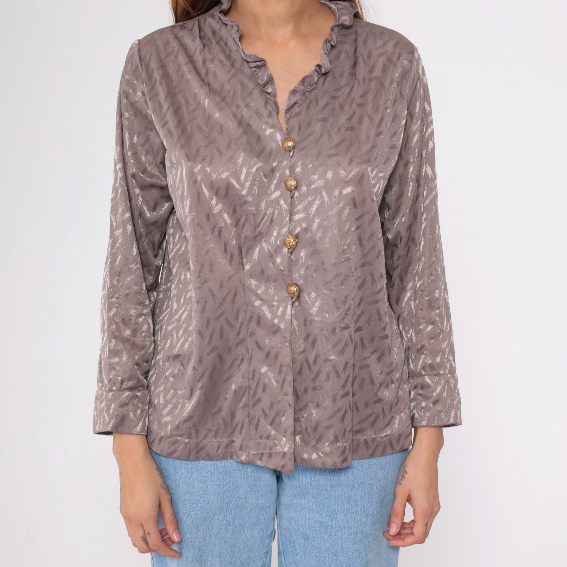 80s Taupe Jacquard Blouse Ruffle Collar Button Up Long Sleeve Large L