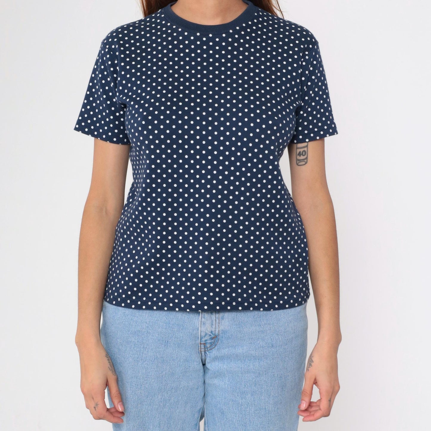 90s Navy Polka Dot T-Shirt White Dots Crewneck Petite Small