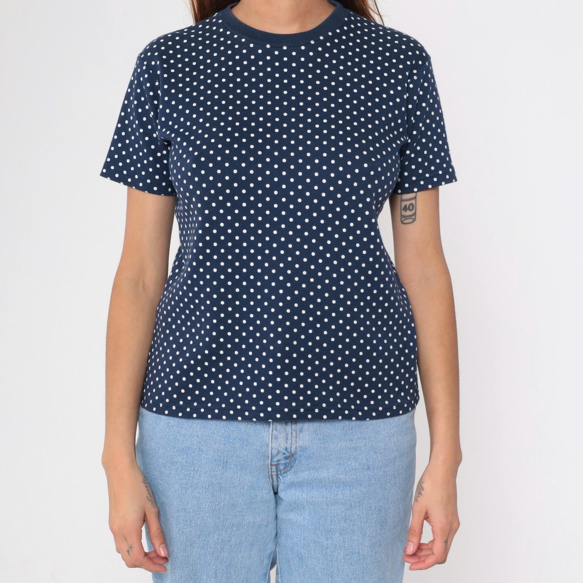 90s Navy Polka Dot T-Shirt White Dots Crewneck Petite Small