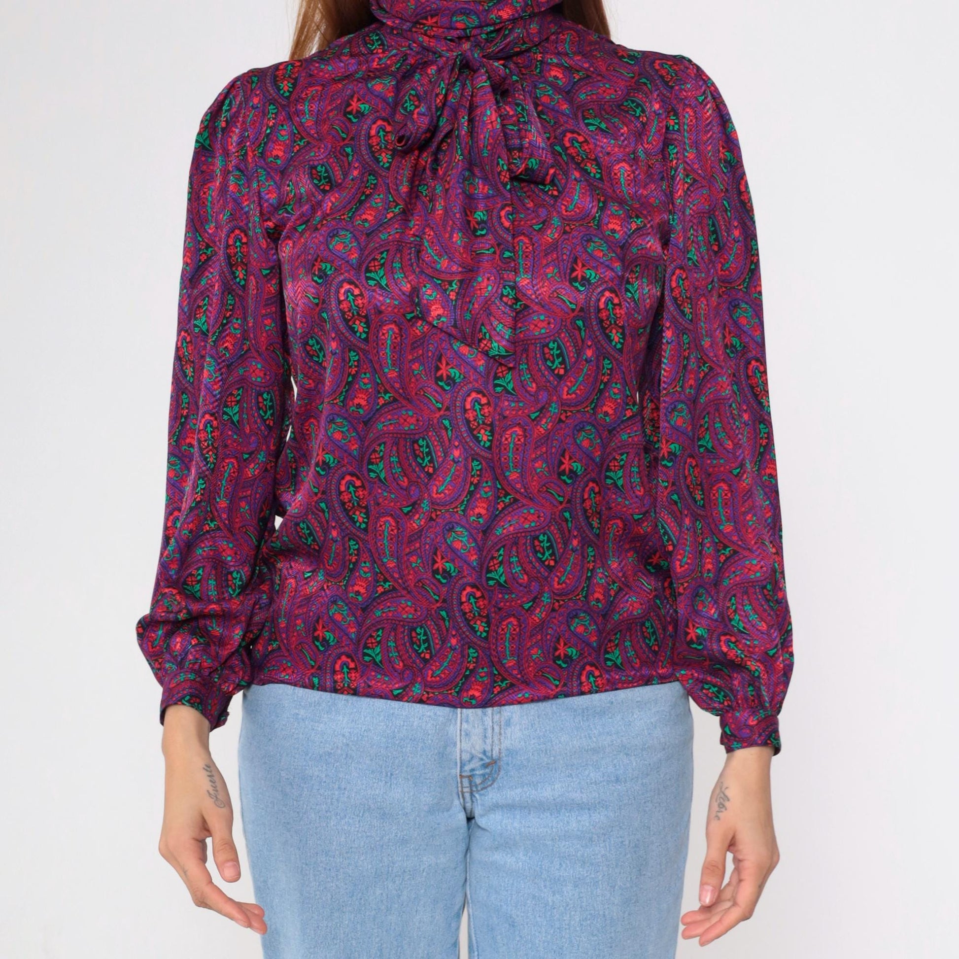 80s Paisley Necktie Blouse Red Purple Psychedelic Button-Up Long Sleeve Small