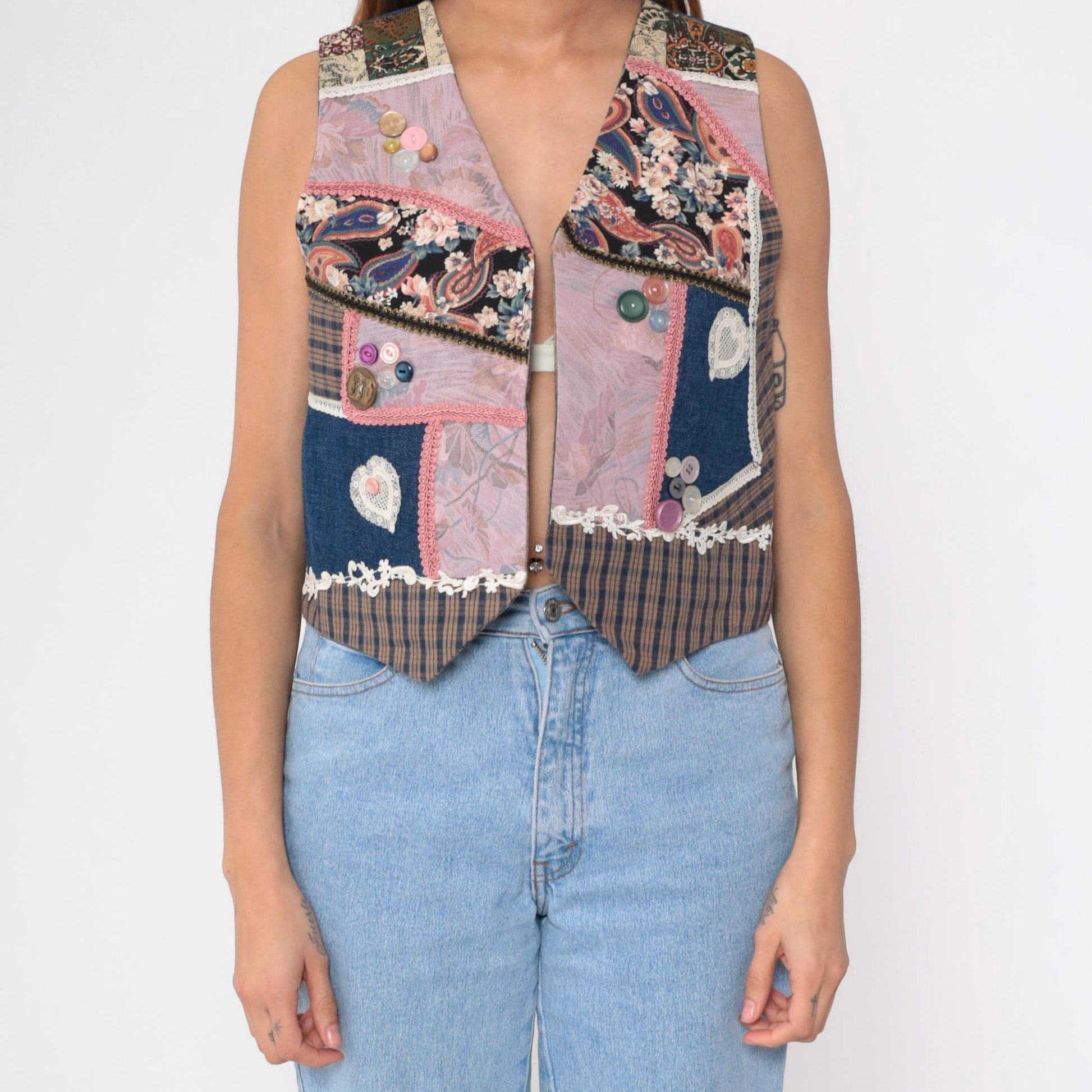 90s Reversible Patchwork Vest Chambray Plaid Floral Lace Heart Small