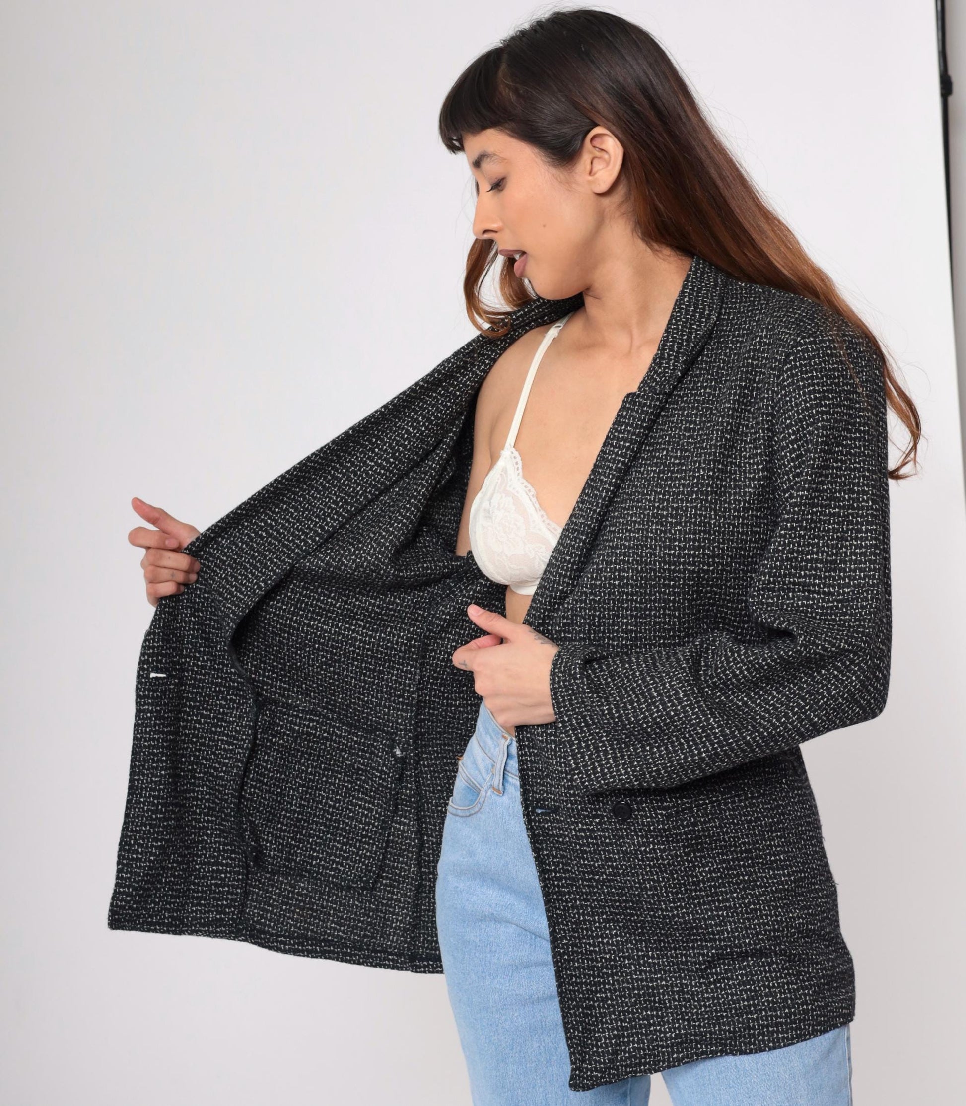 80s Black & White Textured Double-Breasted Blazer Deep V Neck Medium 36